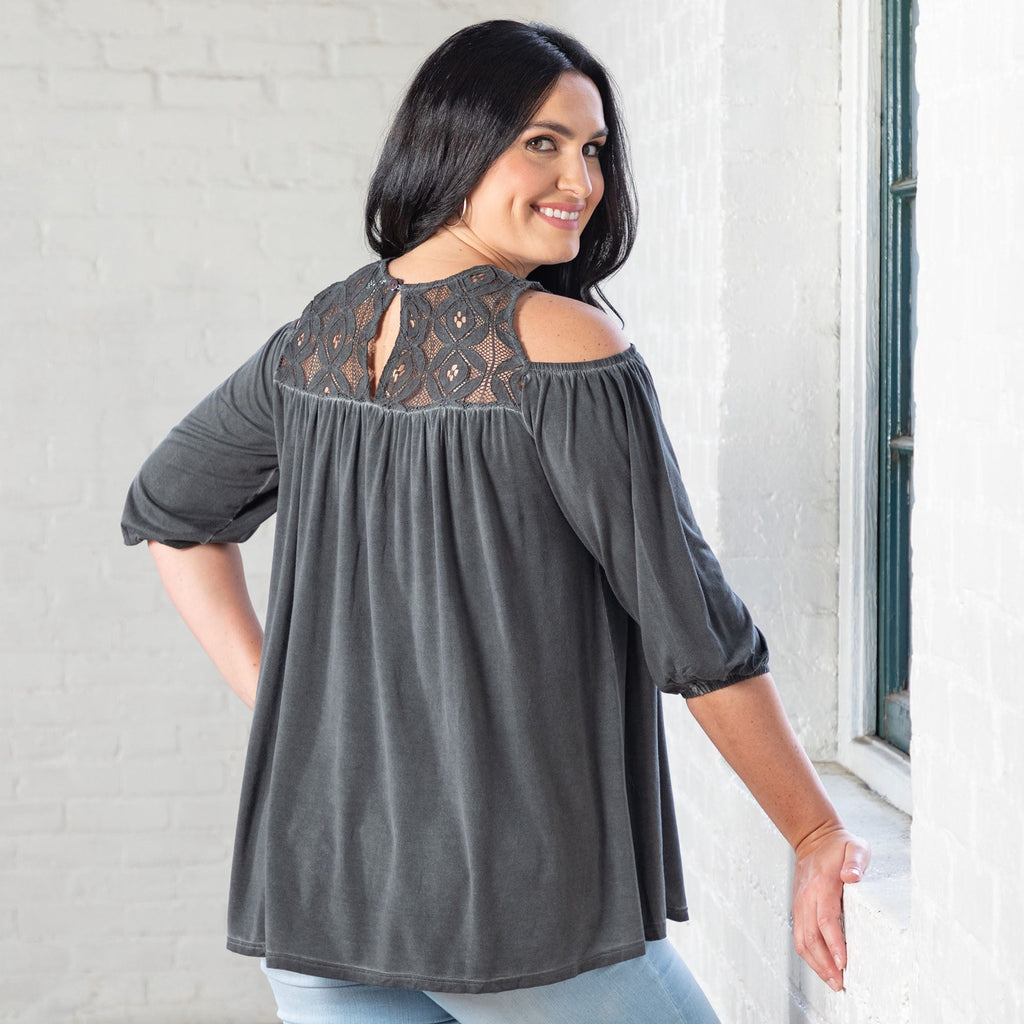 GreaterGood Cold Shoulder Juliet Sleeve Top with Lace Yoke