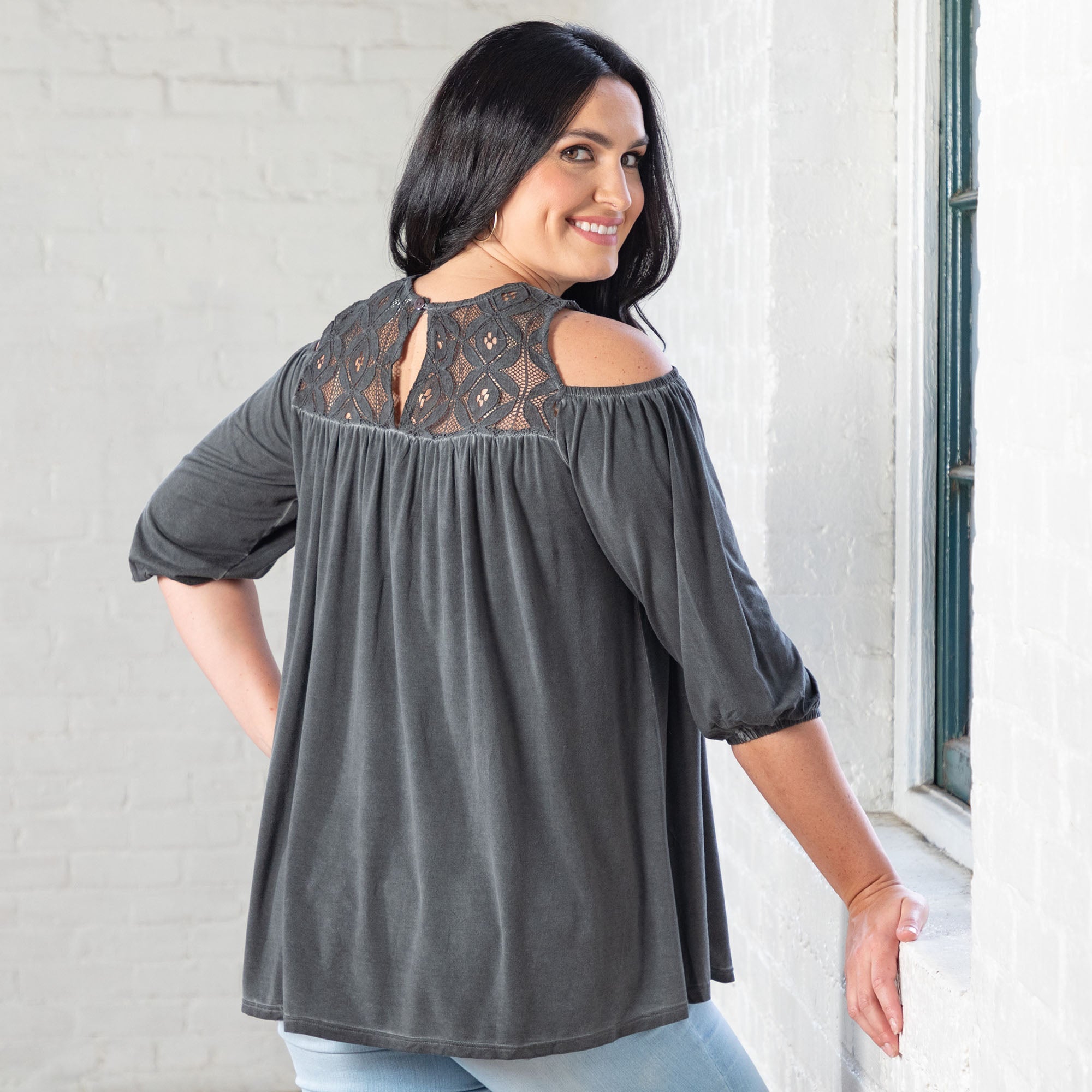 GreaterGood Cold Shoulder Juliet Sleeve Top with Lace Yoke