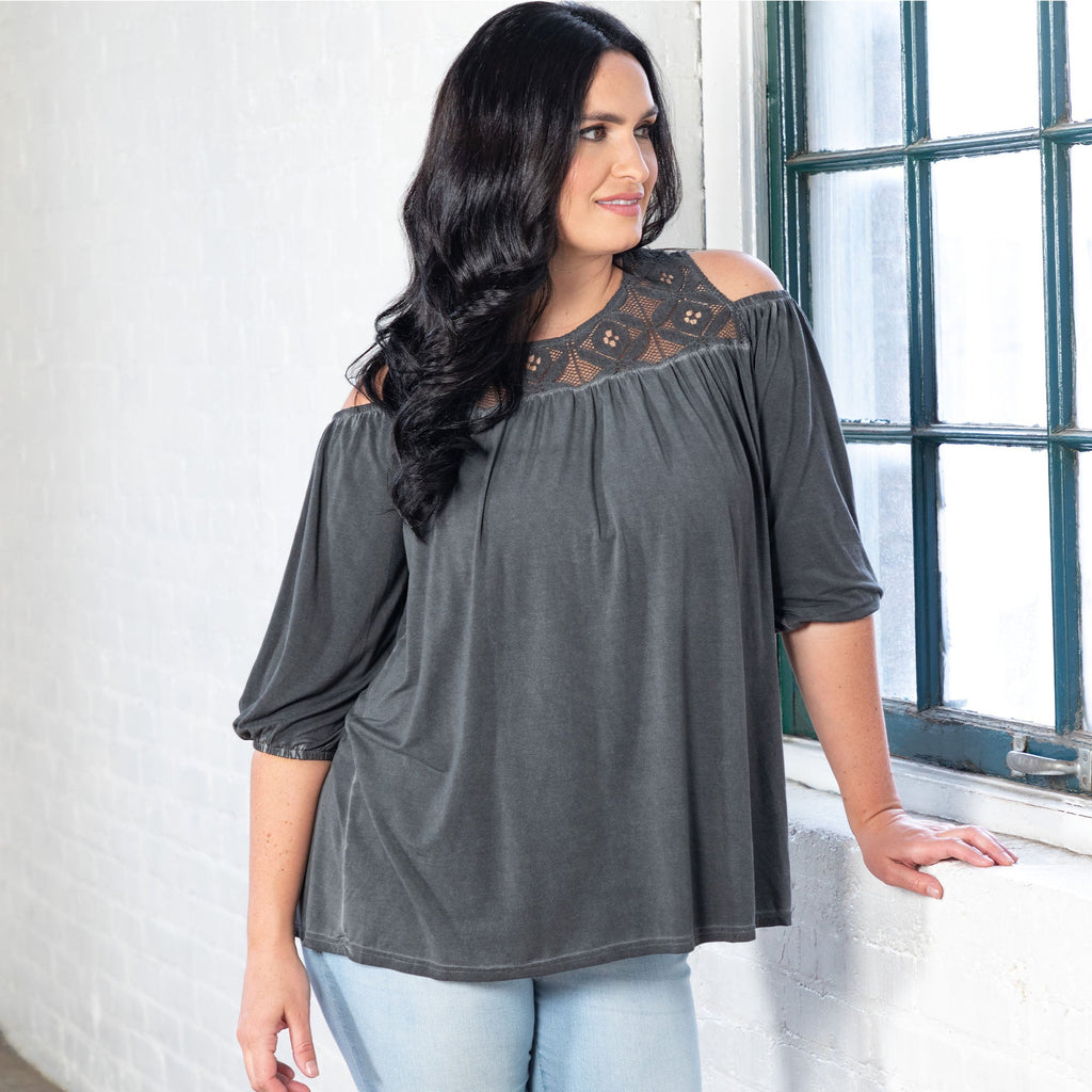 GreaterGood Cold Shoulder Juliet Sleeve Top with Lace Yoke