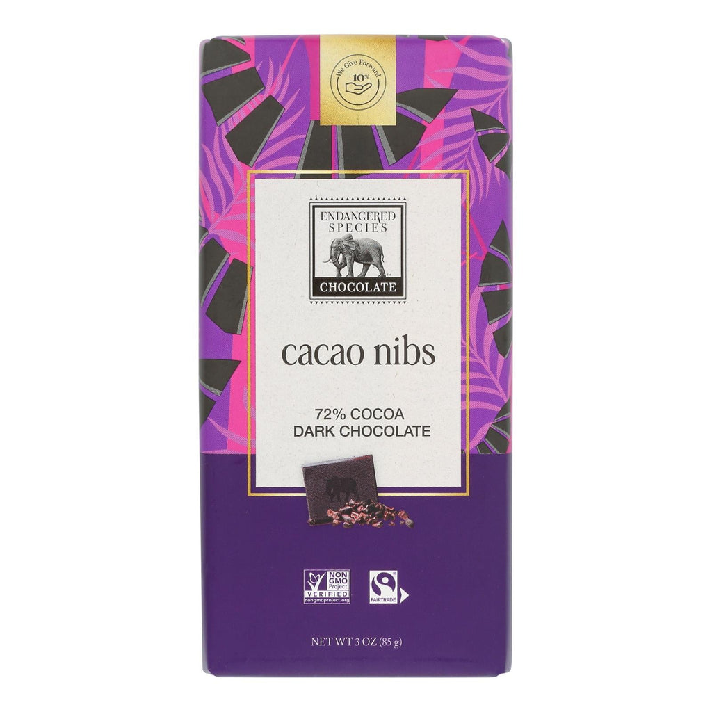 Endangered Species 72% Dark Chocolate Bars, Cacao Nibs, 12 Pack