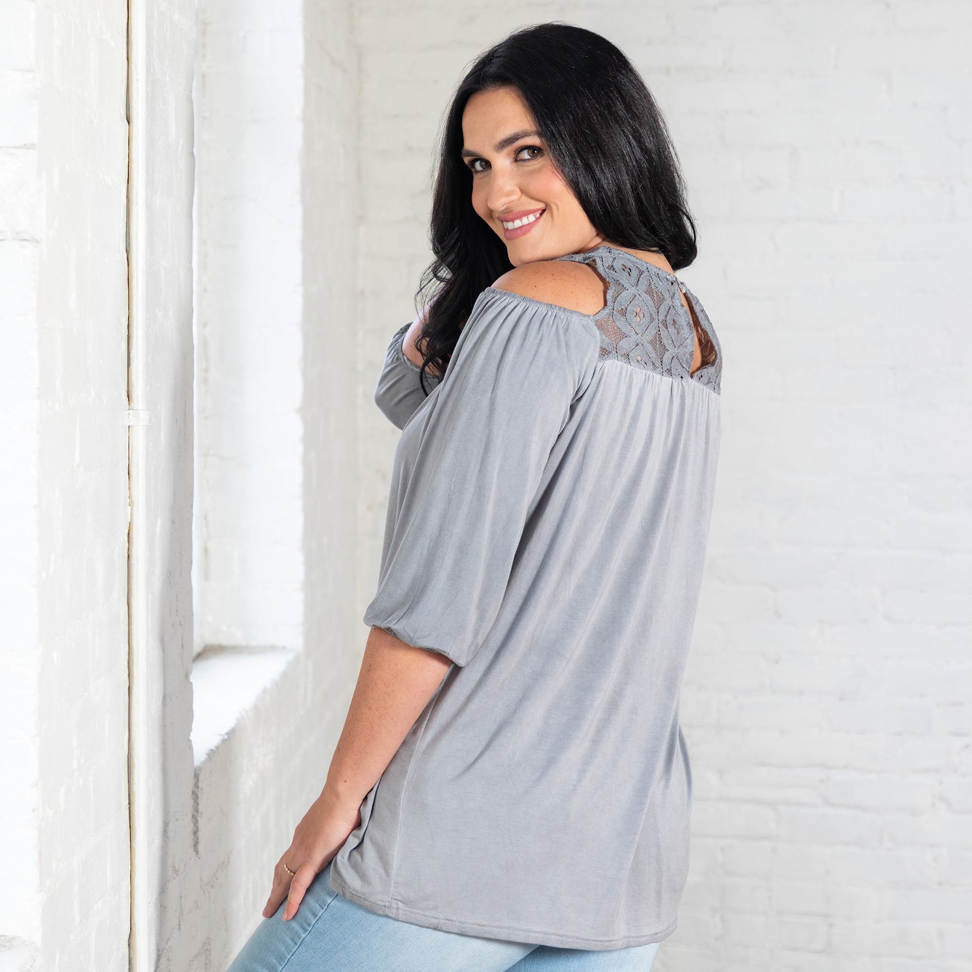 GreaterGood Cold Shoulder Juliet Sleeve Top with Lace Yoke