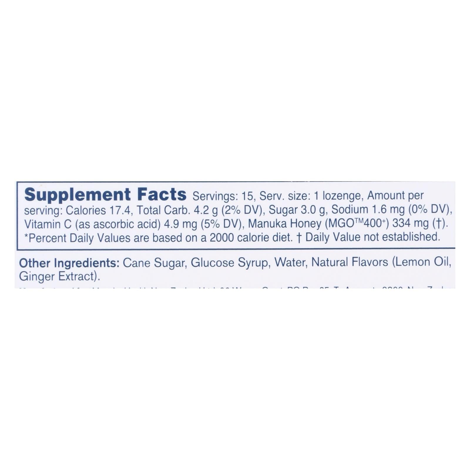 Manuka Health MGO 400+ Honey Lemon Ginger Lozenges 15 Ct