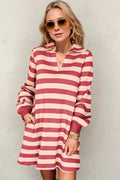 Deep Rose Full Size Striped Contrast Collared Neck Long Sleeve Dress Modern & Stylish Women’s Wear
