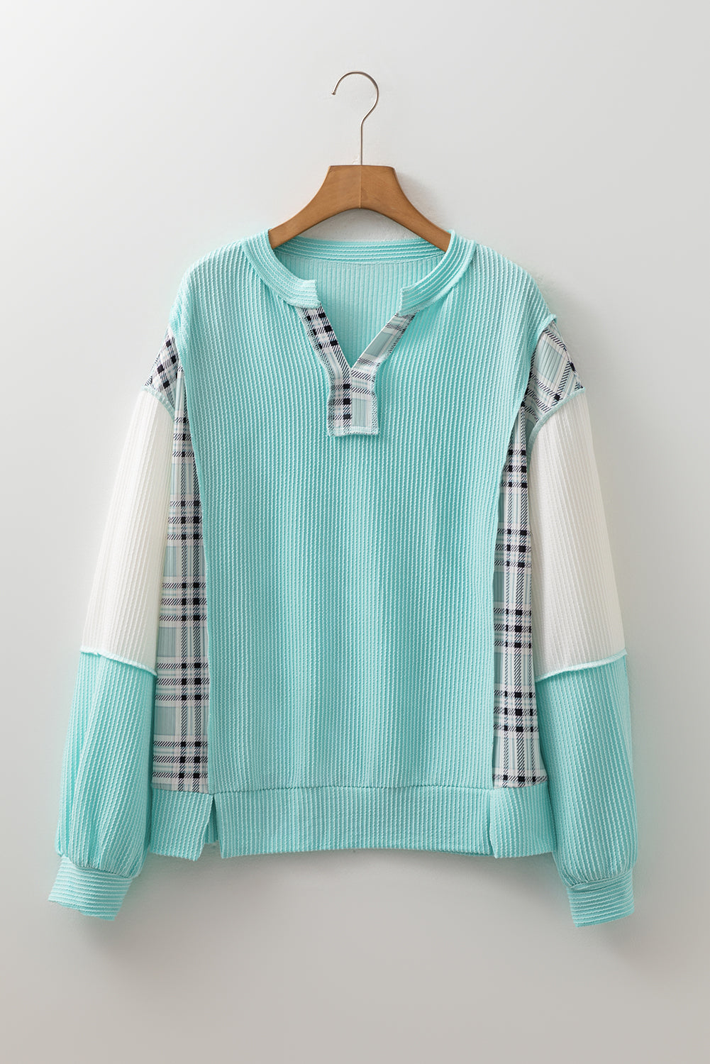Rose Red Corded Texture Plaid Patchwork Split Neck Long Sleeve Top