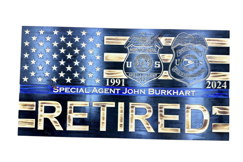 Custom Thin Blue Line Wooden Flag with Engraved Police Badge