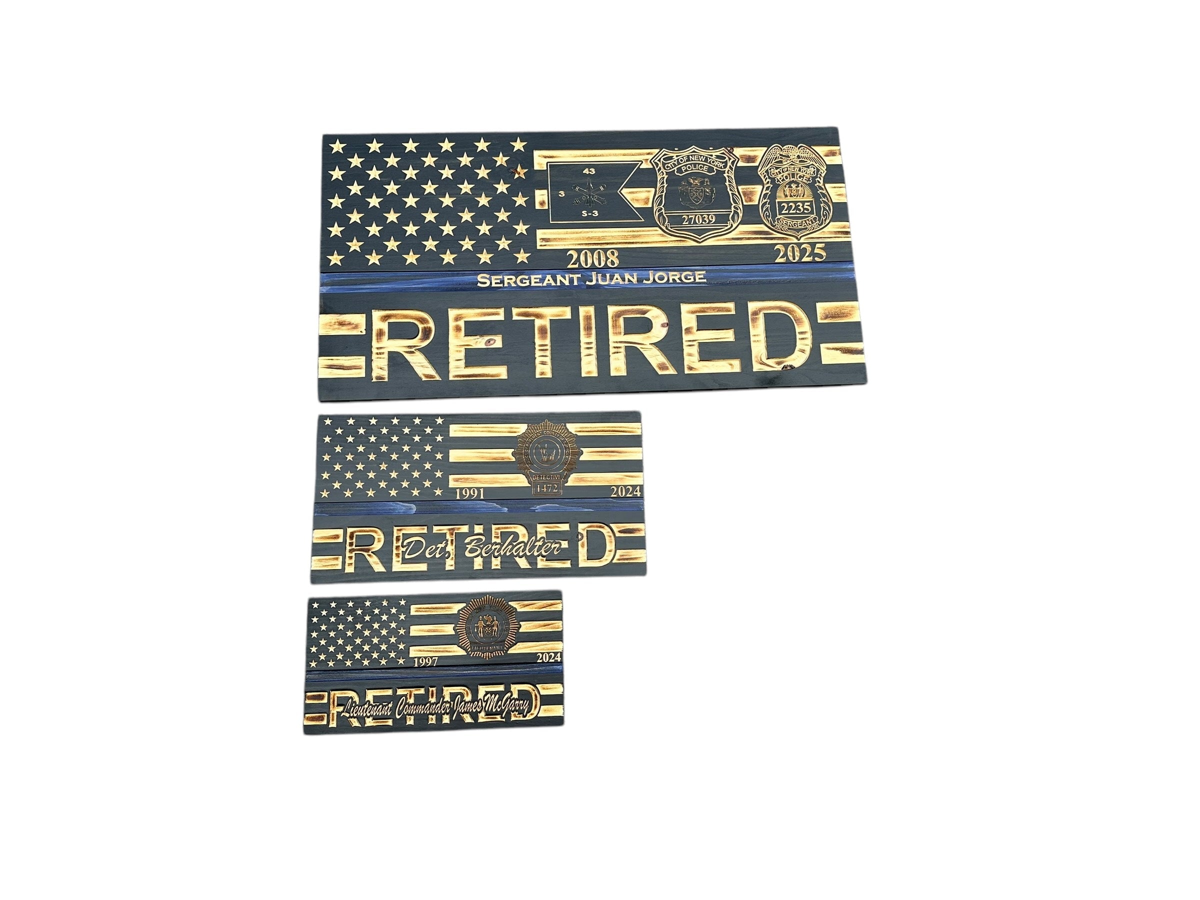 Custom Retirement Wooden American Flag with Engraved Badges