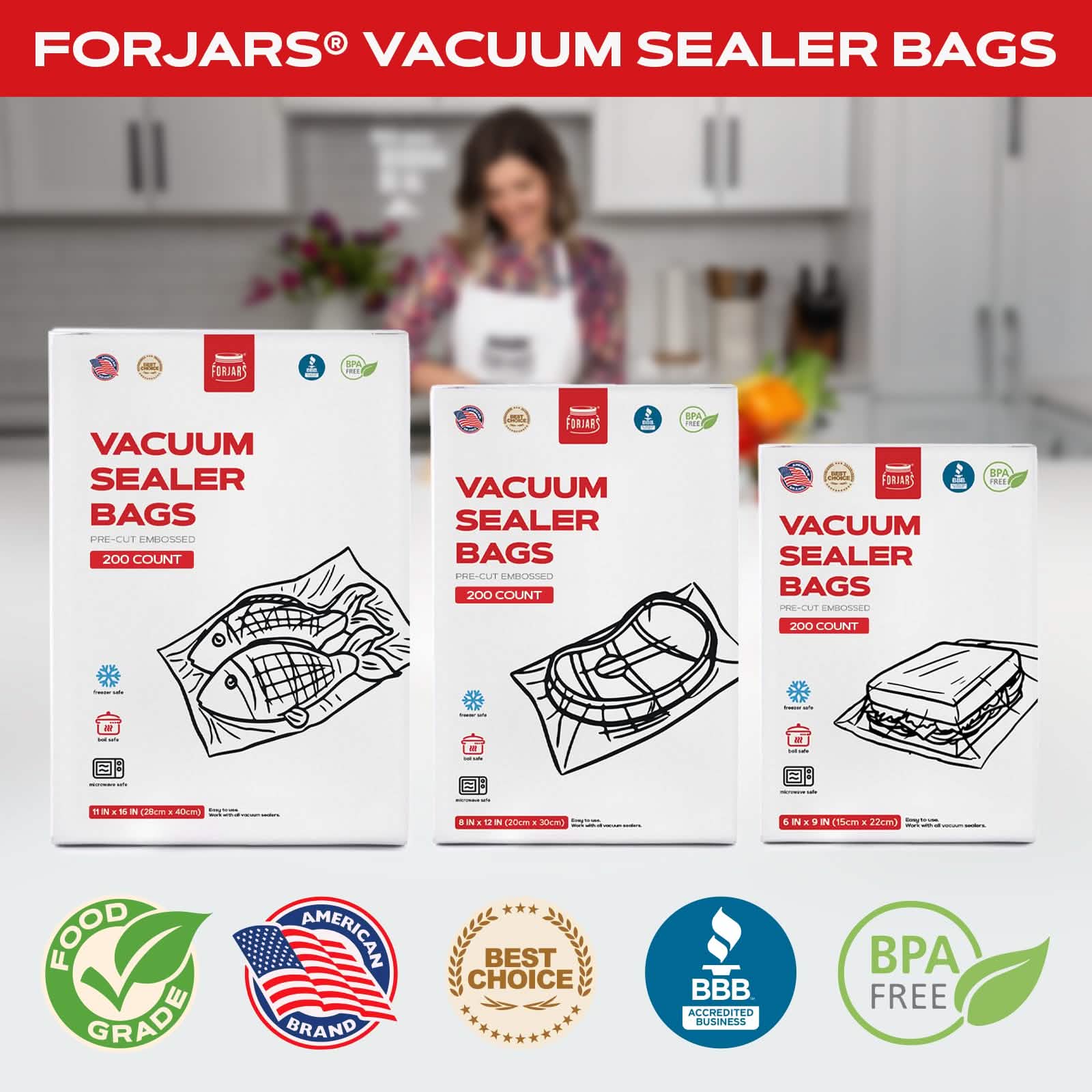 200 Count 6x9 Vacuum Sealer Bags - Textured on Both Sides, 7.5 Mil Thickness