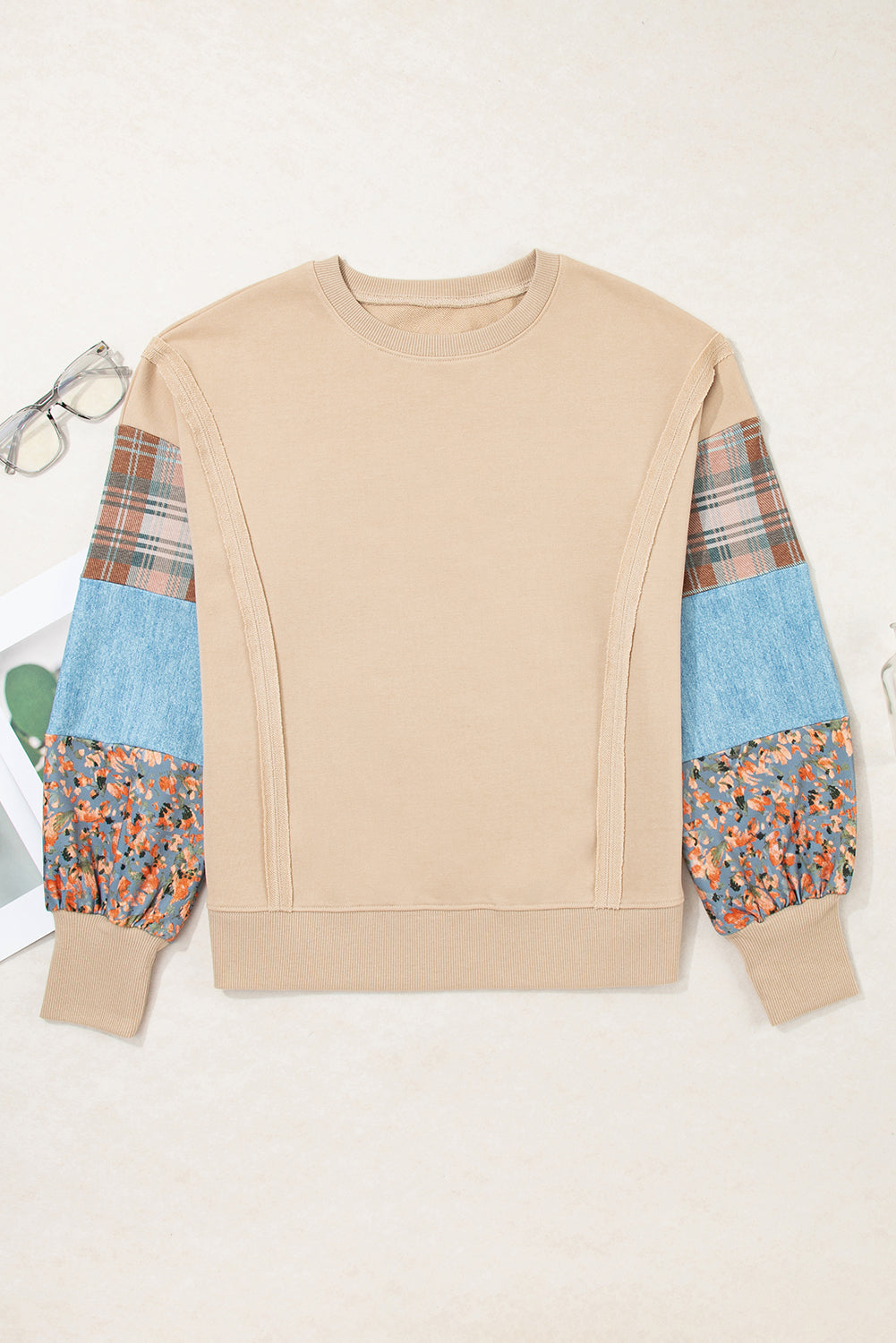 Smoke Gray Plaid Patchwork Sleeve Raw Seam Sweatshirt
