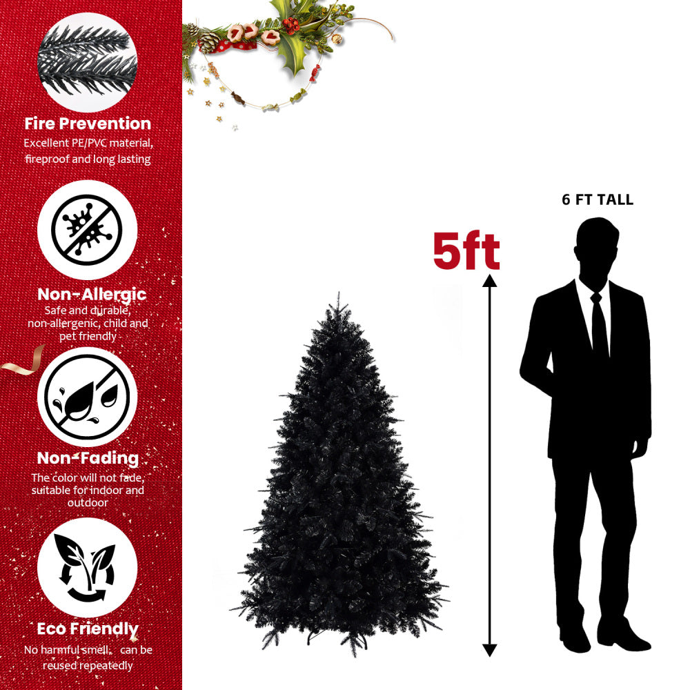 5 FT Black Christmas Tree with 250 White LED Lights | 1076-Tip PE+PVC Pre-Lit Artificial Tree for Halloween & Holiday Decor — Metal Stand Included