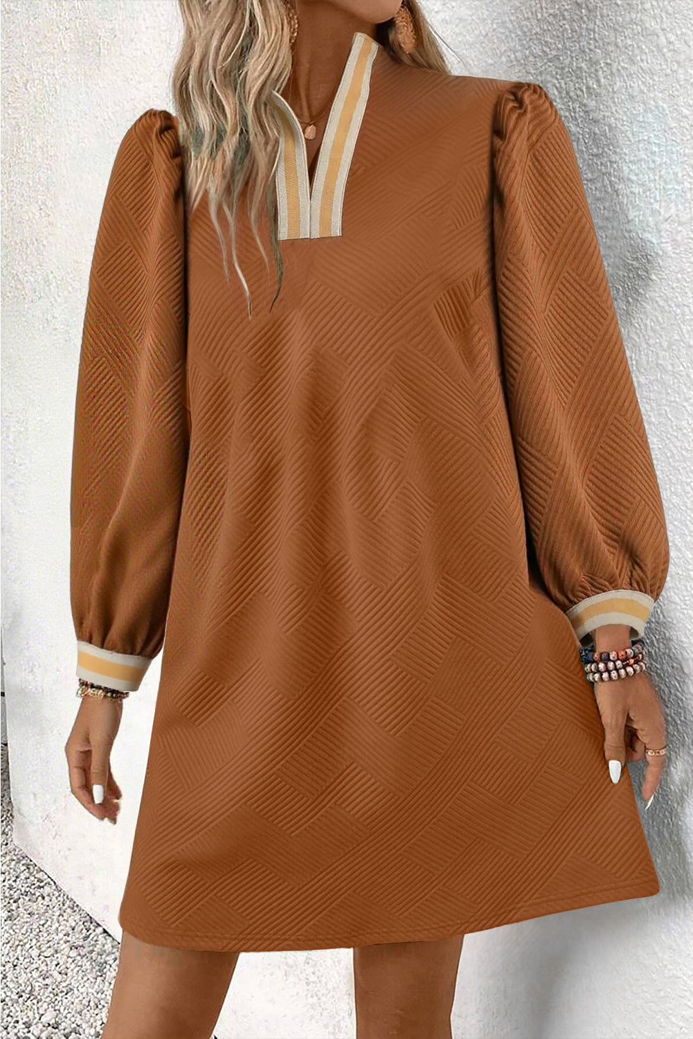 Chestnut Textured Contrast Striped Split Neck Long Sleeve Mini Dress