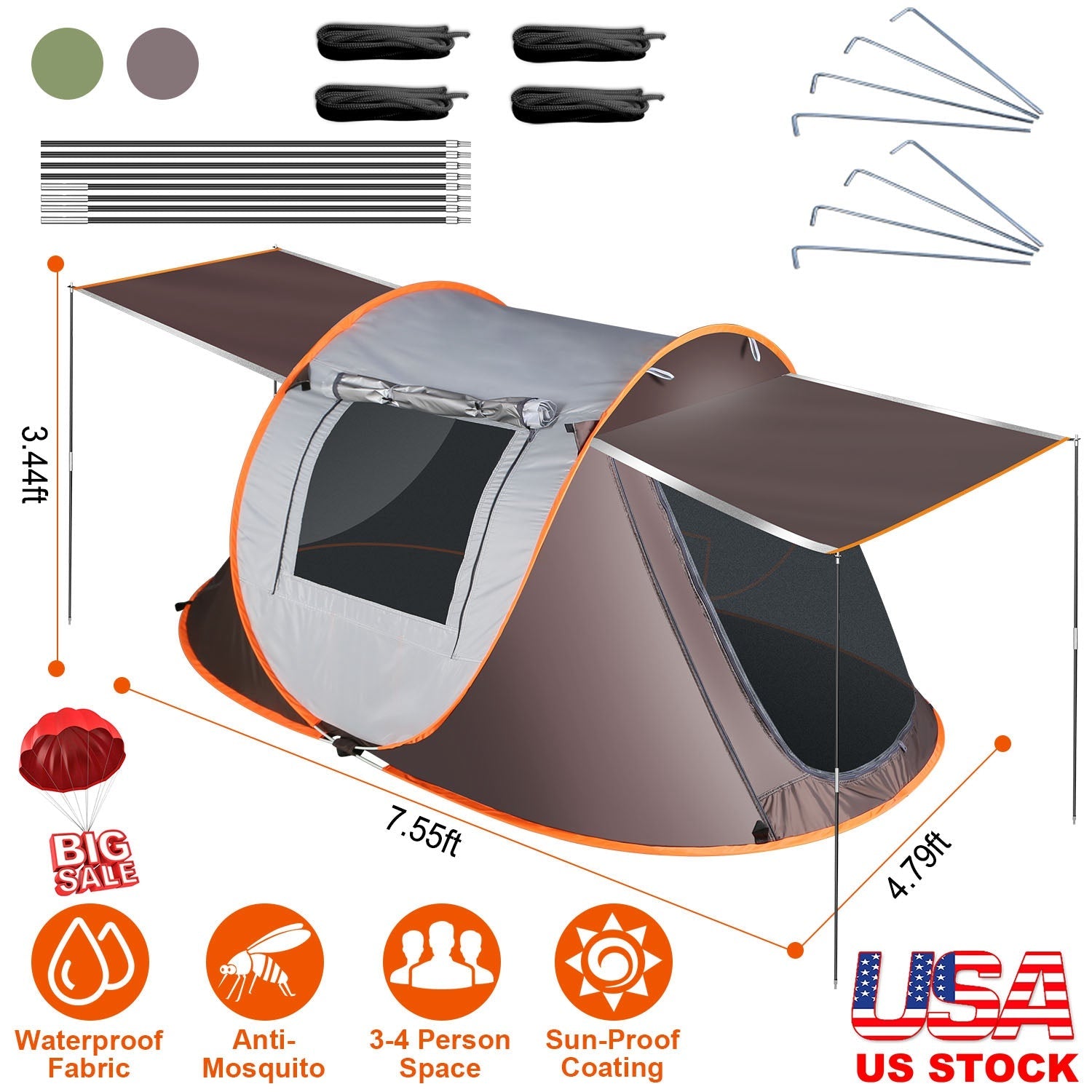 3-4 Person Pop Up Tent Automatic Setup Camping Tent Waterproof Instant Setup Tent with 2 Mosquito Net Windows Carrying Bag for Hiking Climbing Adventu