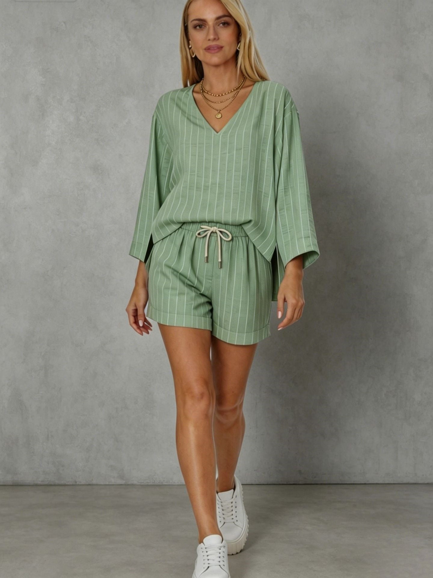 Women's Loose V-Neck Long Sleeve Striped Shorts Set – Casual Leisure