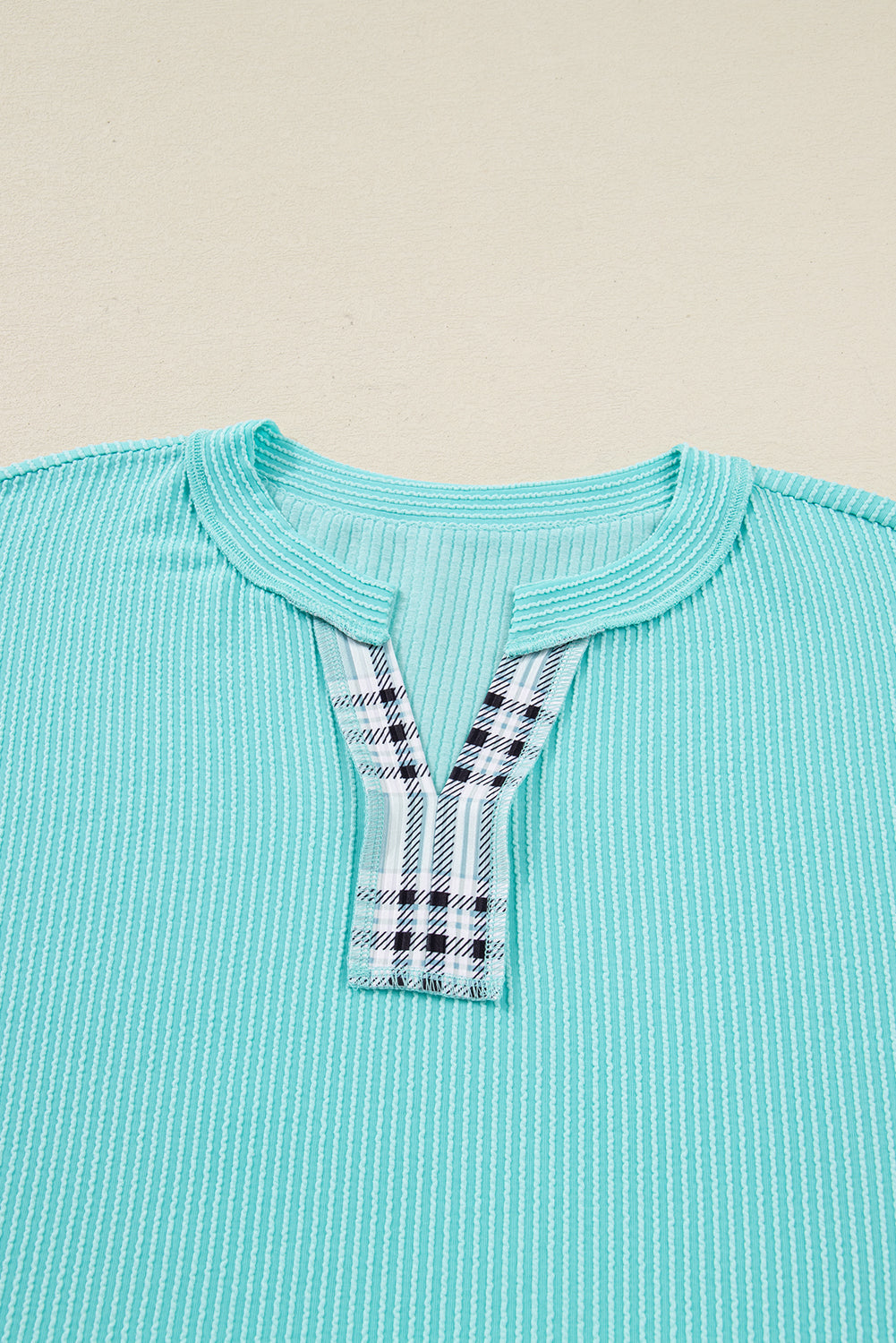 Aruba Blue Twist Ribbed Color Block Plaid Patchwork Plus Size Long Sleeve Top