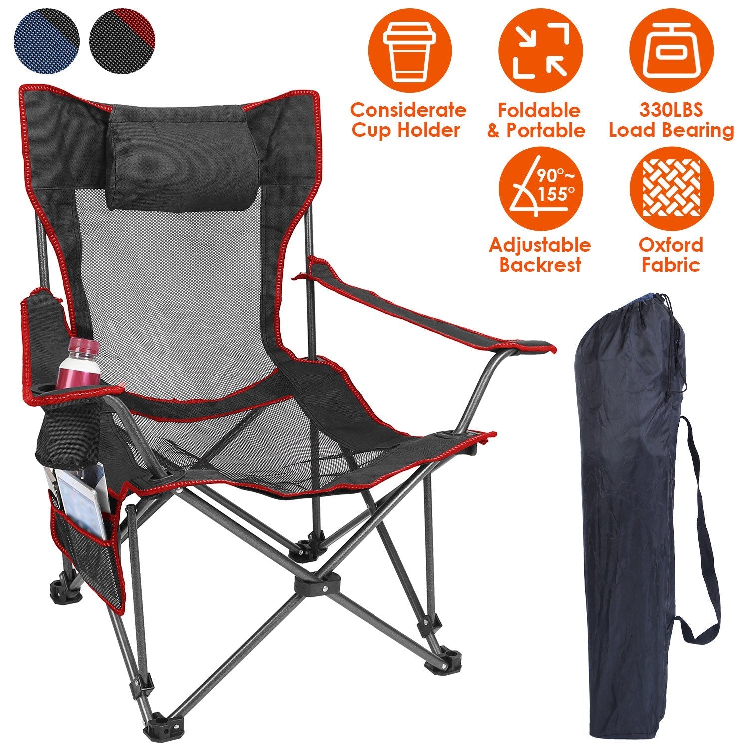 Foldable Camping Chair 330LBS Load Heavy Duty Steel Lawn Chair Collapsible Chair with Reclining Backrest Angle Cup Holder Pillow Side Pocket Carry Bag