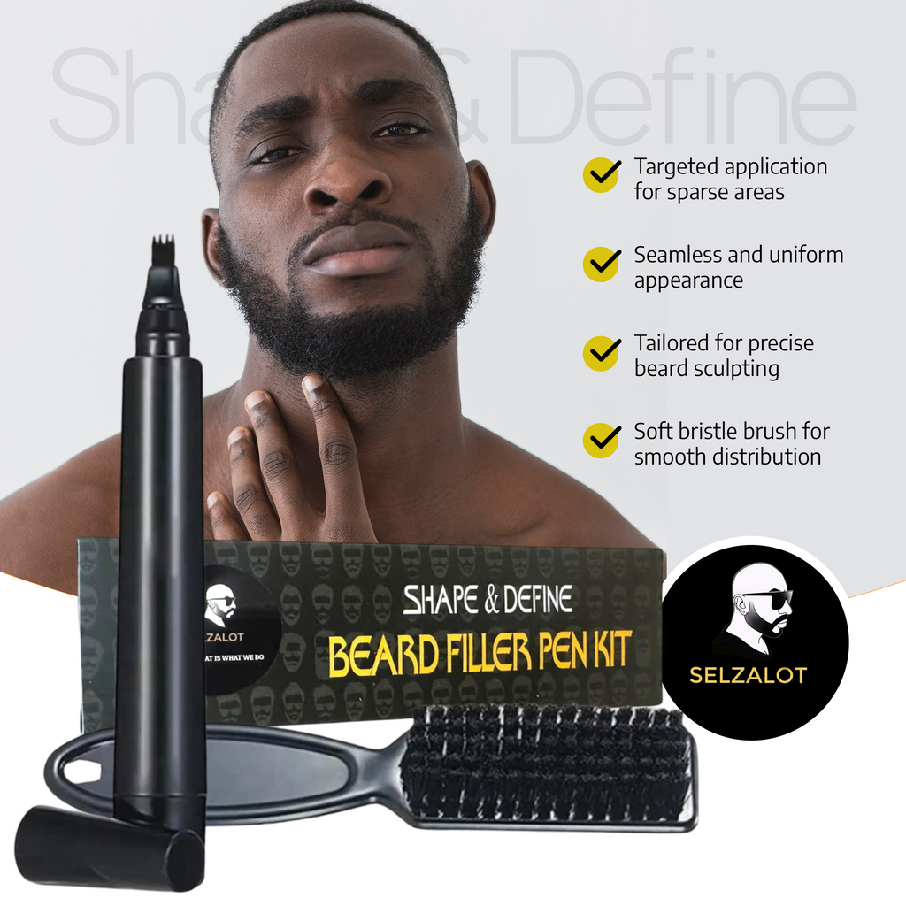 SELZALOT 4-Tip Beard Filler Pen Kit - Waterproof, Sweat-Proof, Long-Lasting Coverage for a Fuller Beard with Brush