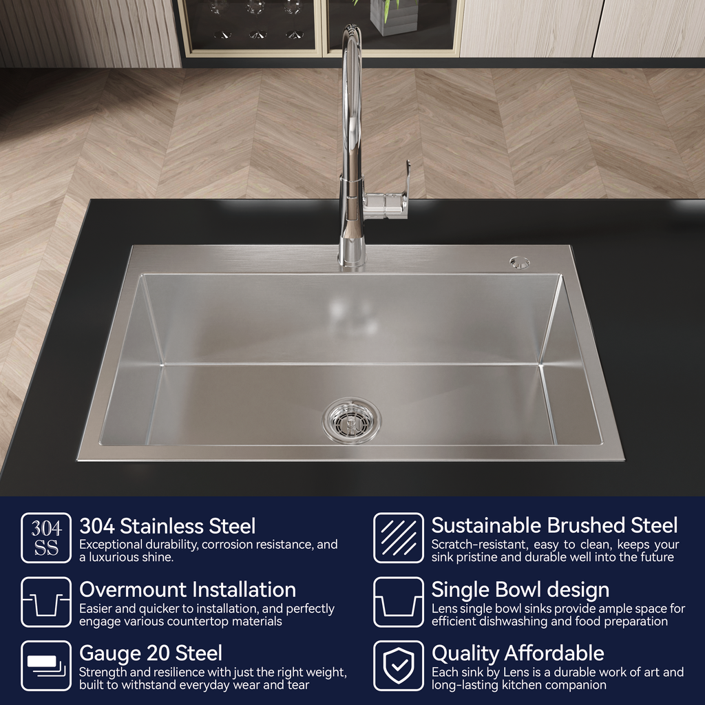 Stainless Steel Kitchen Sink, 32″x19″ Single Bowl, Overmount Handmade Sink in Brushed Nickel, with US Standard Drain and Hook, LS-SSBR02
