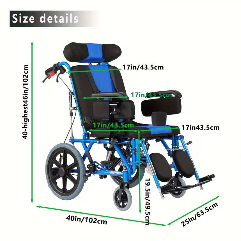 Reclining Foldable Pediatric Wheelchair for Kids & Children Cerebral Palsy, 17"Seat Width, 15"Rear Wheel Manual Folding Multi-Functional Wheelchairs