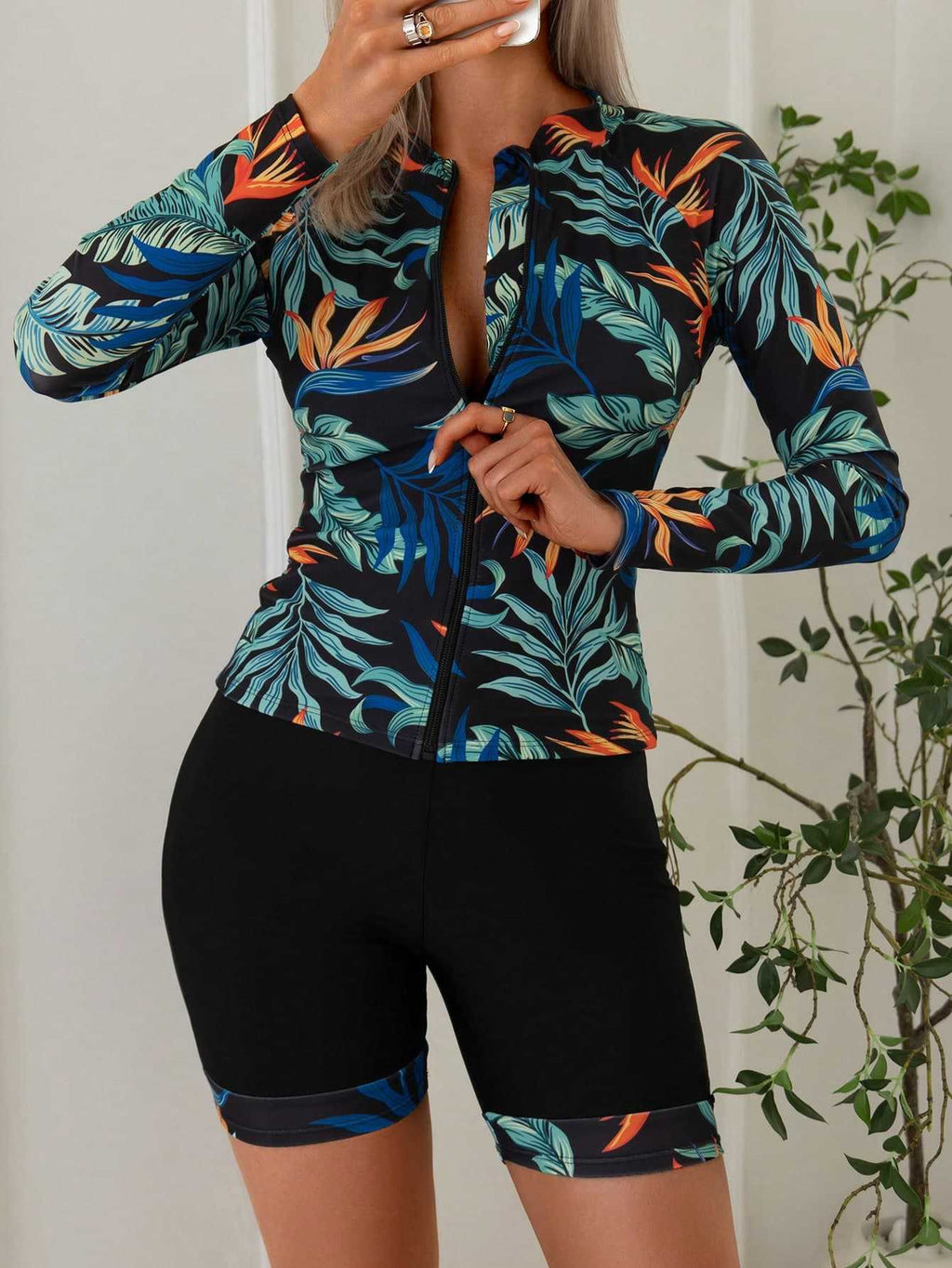 Swimsuit women's split flat leg pants long sleeved zipper