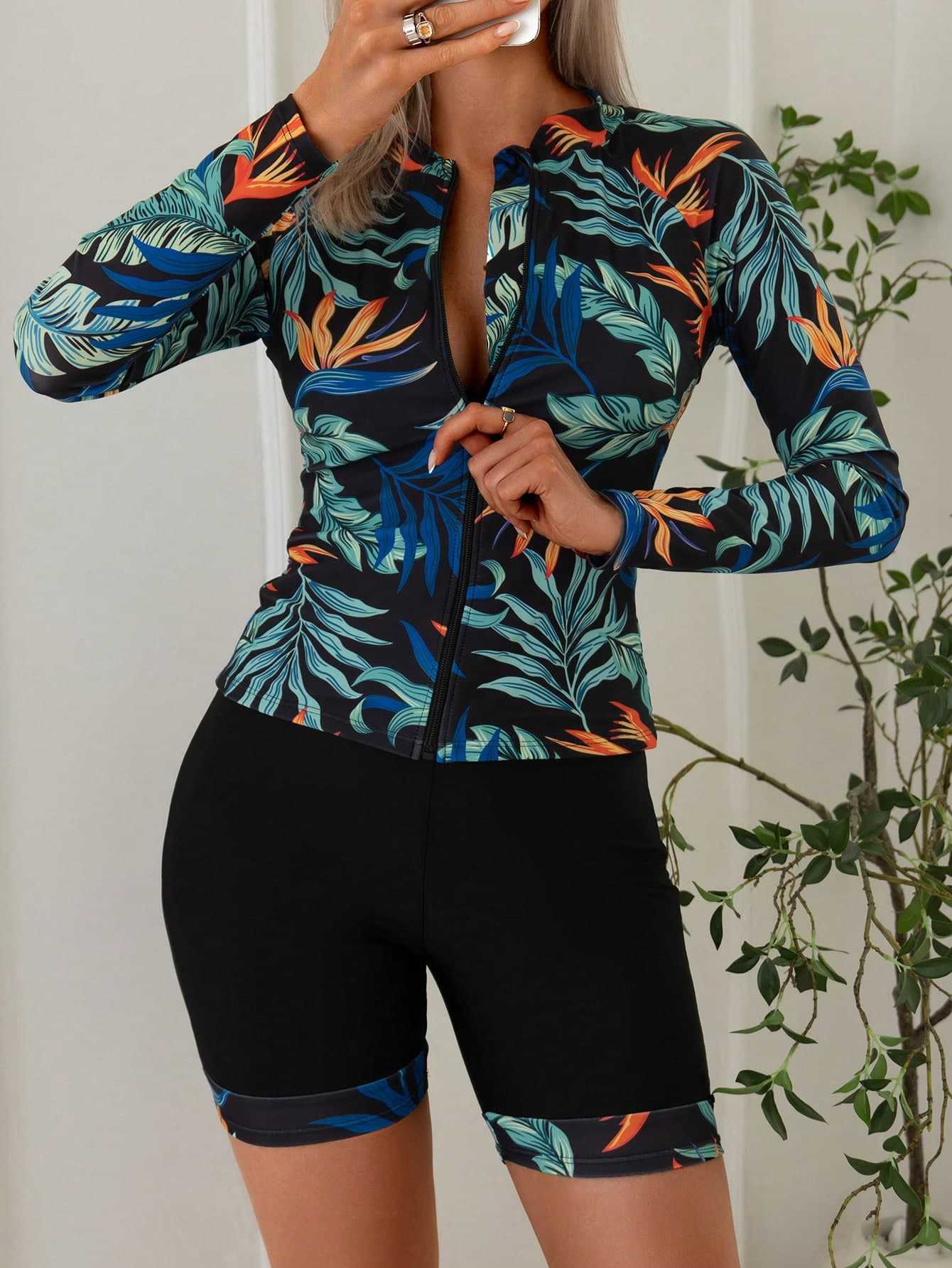 Swimsuit women's split flat leg pants long sleeved zipper