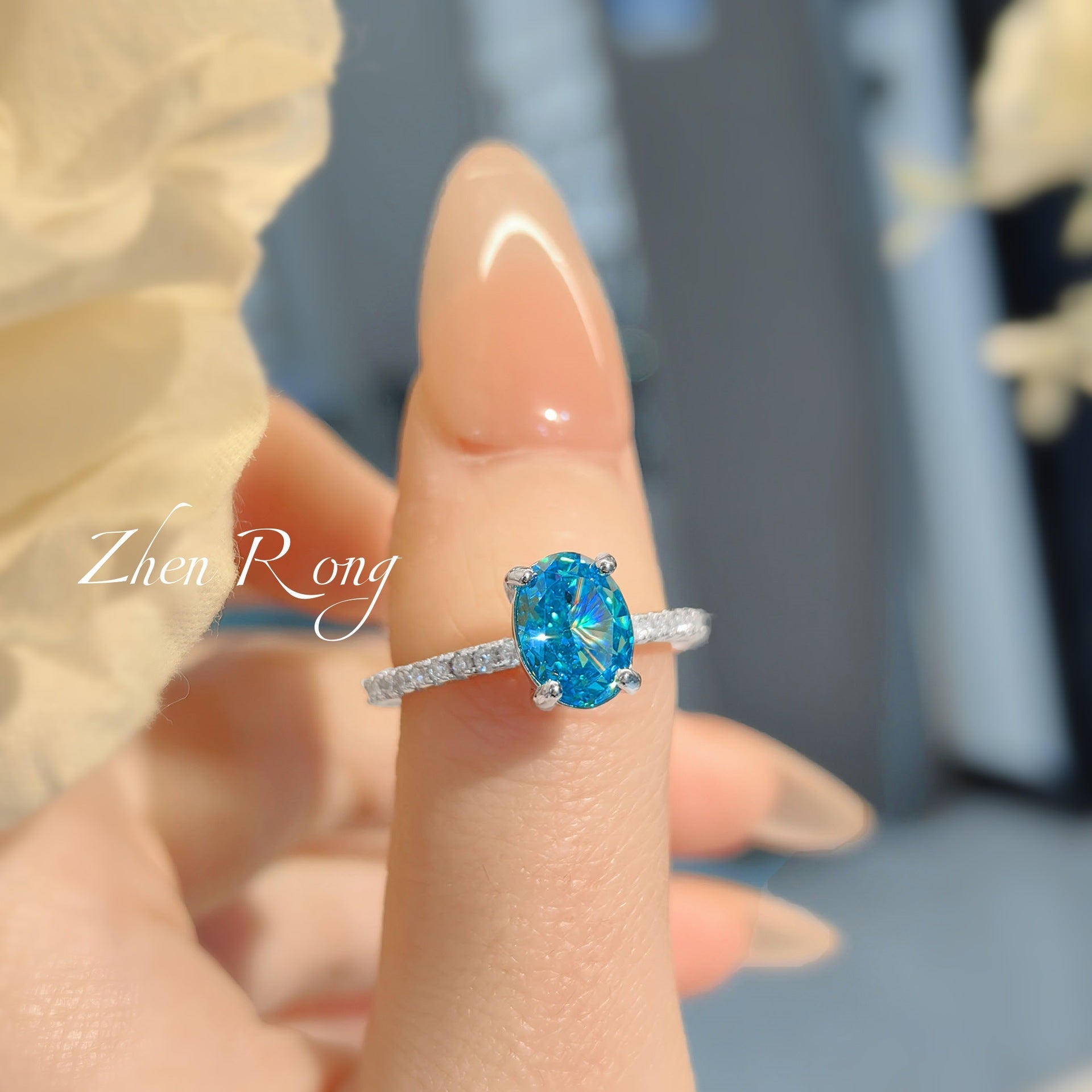 Oval Ocean Blue Simulated Zirconia Four Prong Ring Silver Tone Full Pave Band Women Daily Finger Ornaments