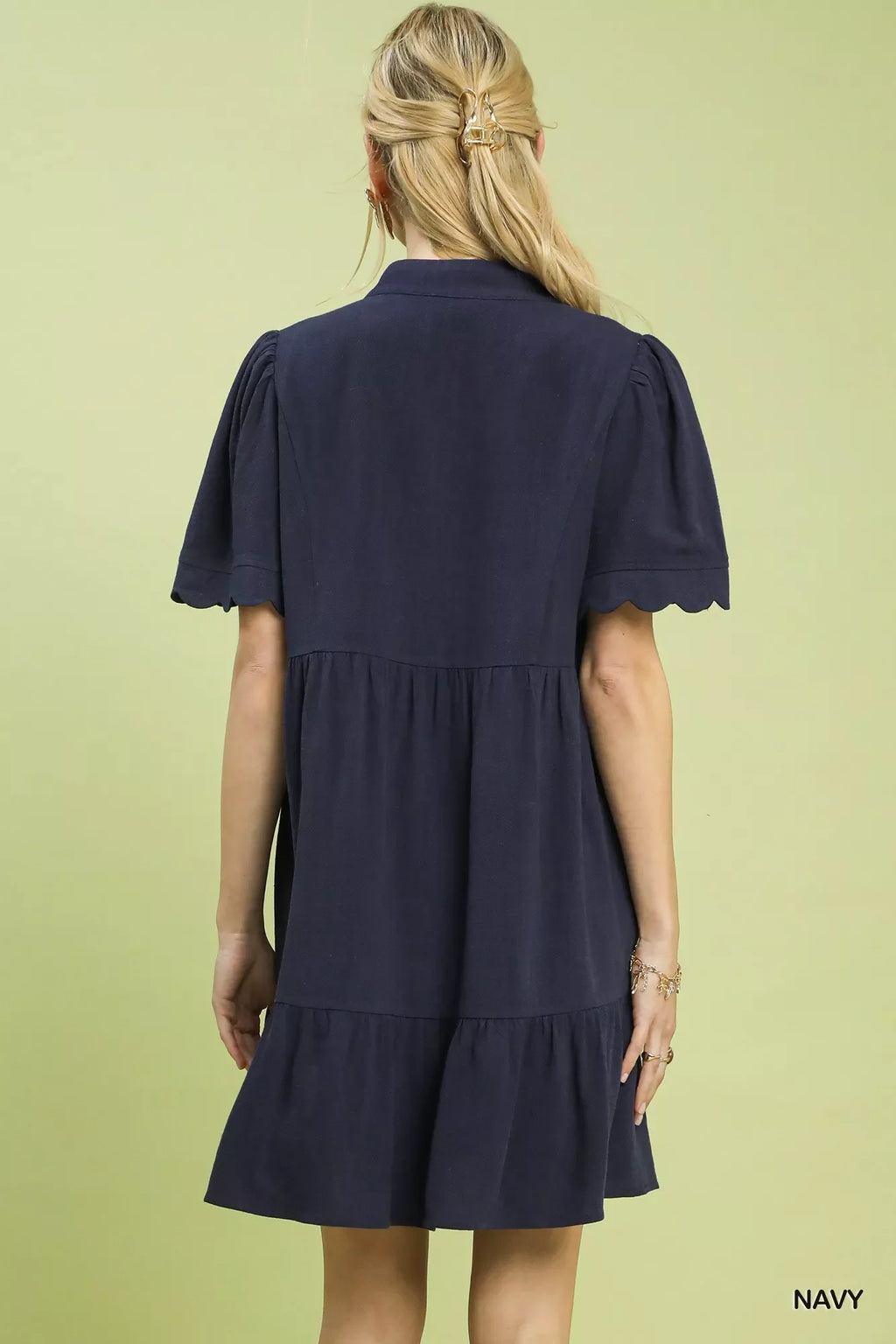 Umgee Linen Tiered Babydoll Dress with Scalloped Sleeves