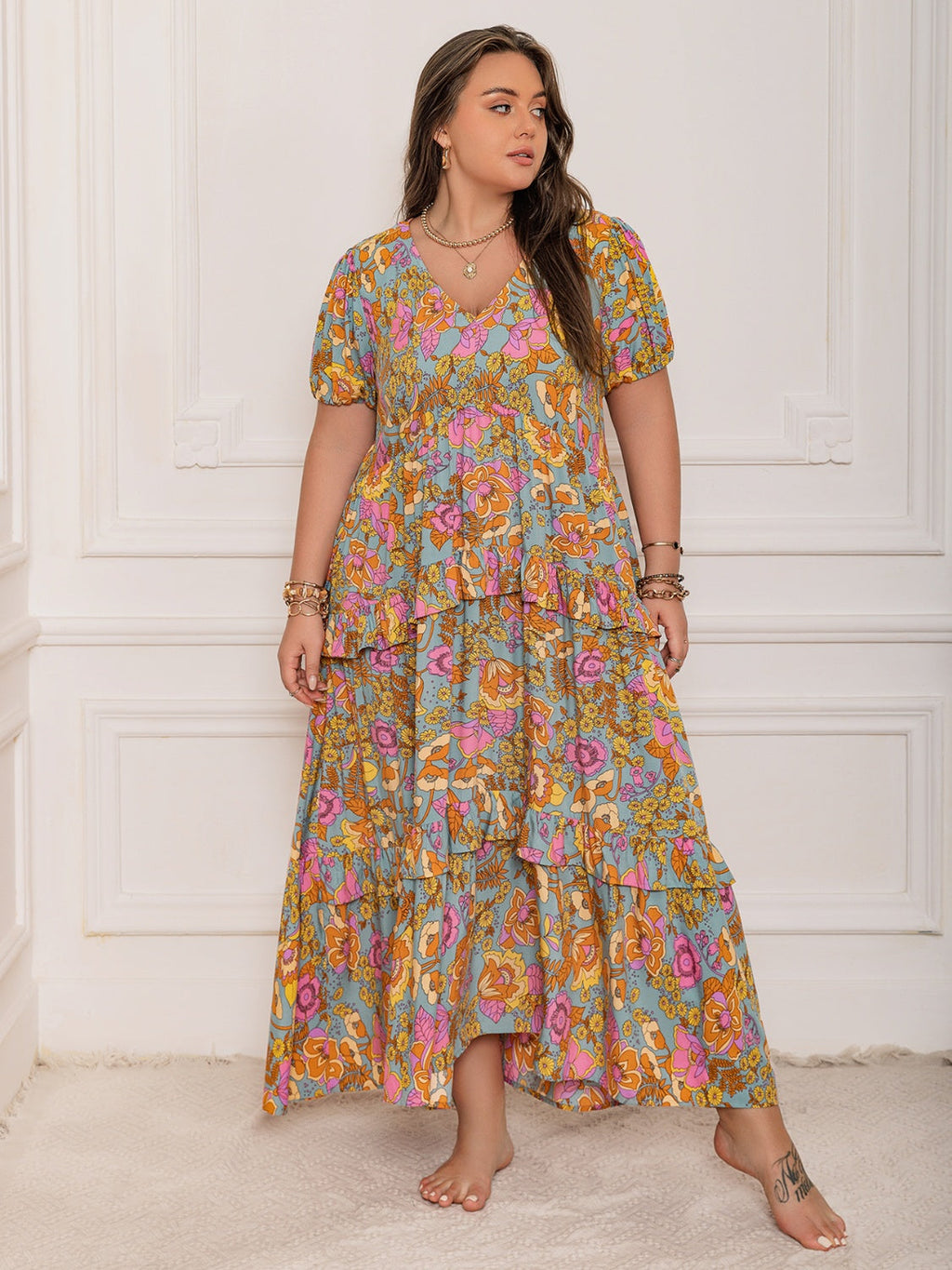 Plus Size Printed V-Neck Short Sleeve Maxi Dress Elegant & Flowy Summer Dress For Girls