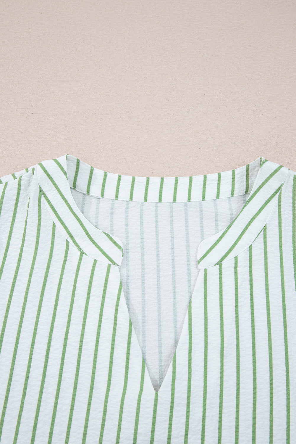 Green Stripe Flower Puff Sleeve Notched V Neck Babydoll Blouse