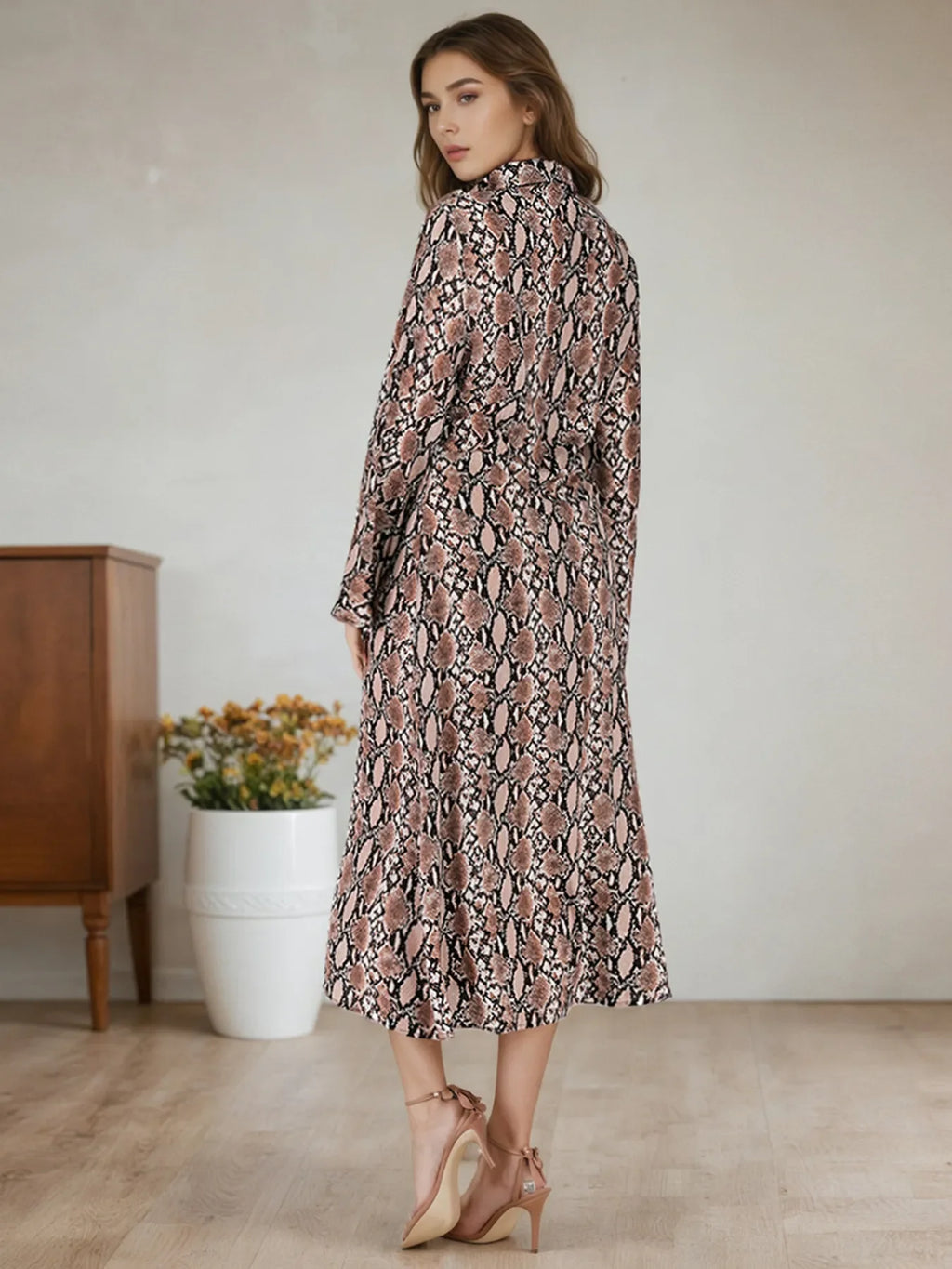 Snake Print Long Sleeve Shirt Dress