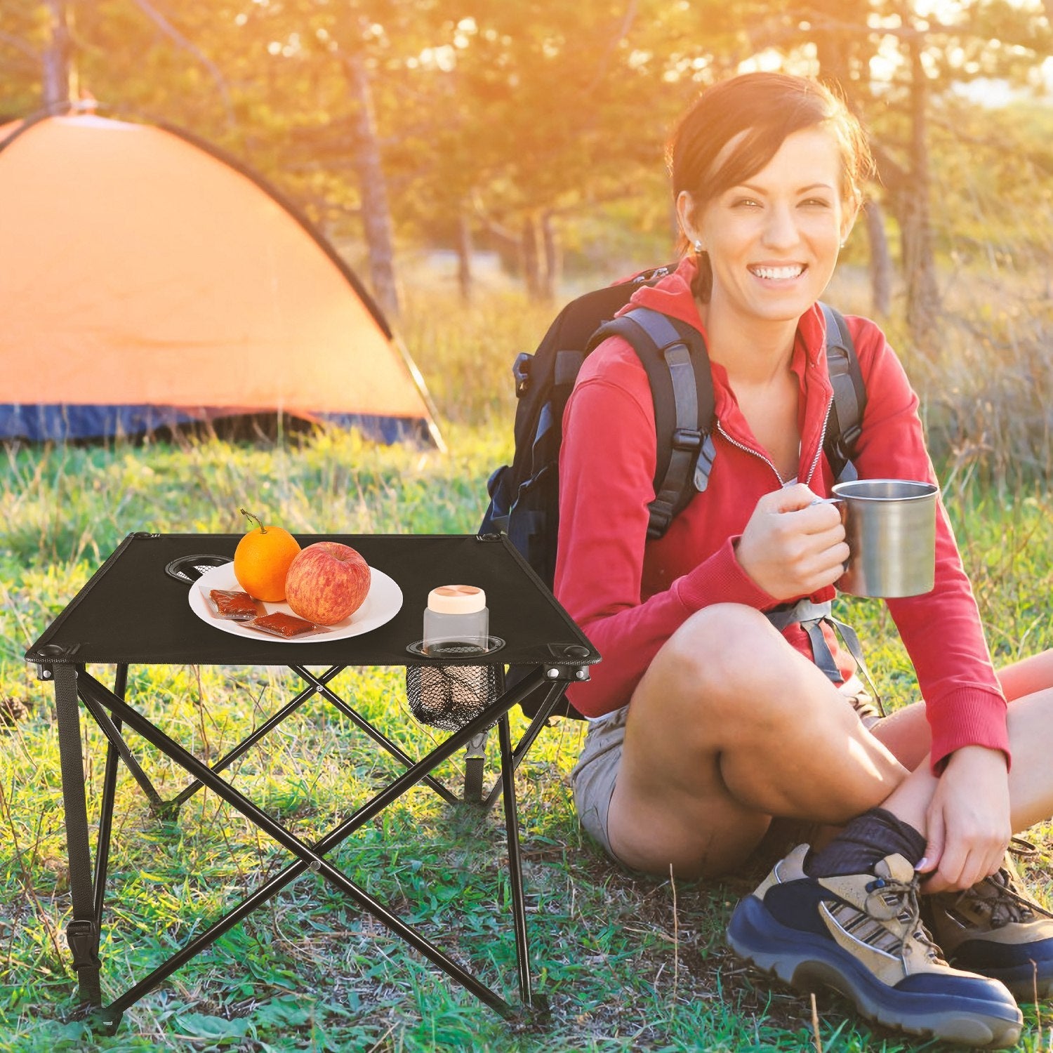 2Pcs Foldable Camping Table Portable Picnic Table Lightweight Travel Desk with 2 Cup Holders/Table Carrying Bag