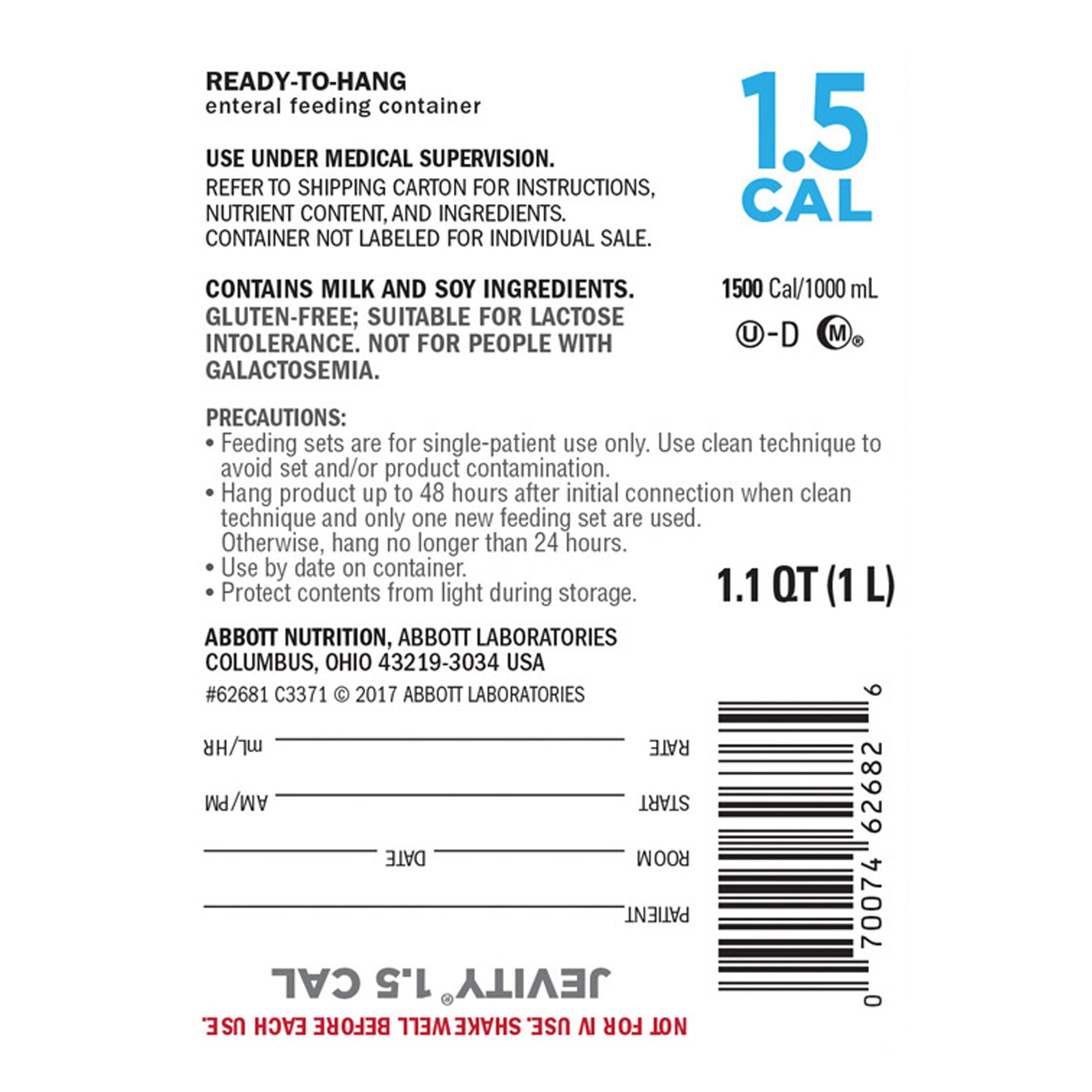 Jevity 1.5 Cal Tube Feeding Formula, 33.8 oz Ready to Hang Carton 62681