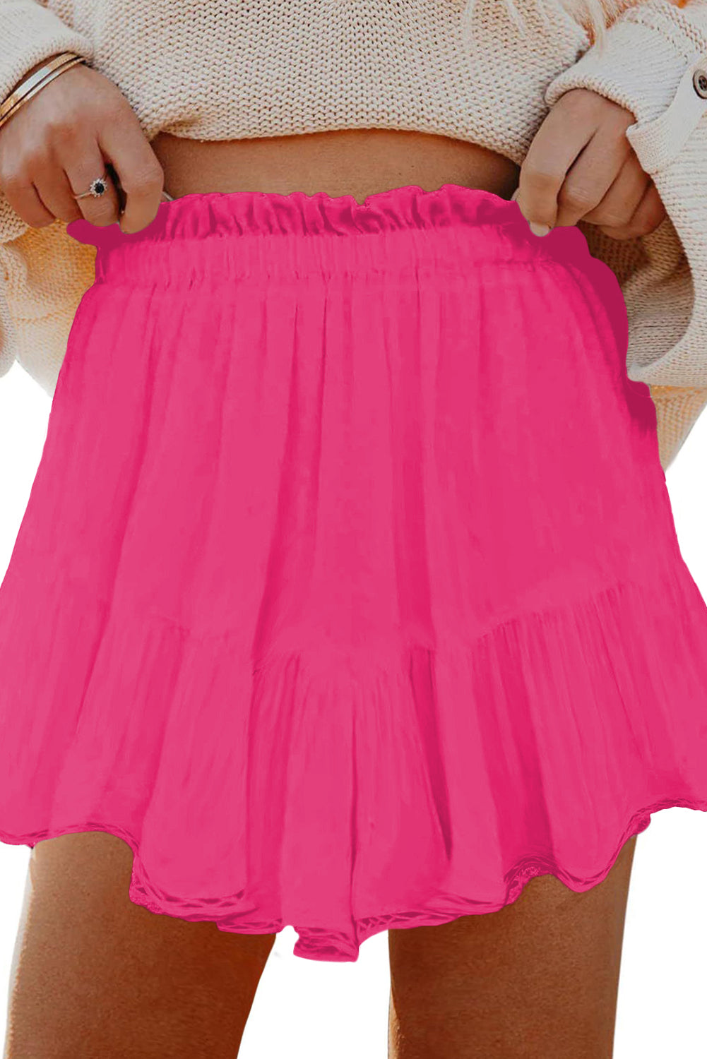 Rose Red Plus Size Frilled Elastic Waist Lace Trim Boho Ruffled Shorts