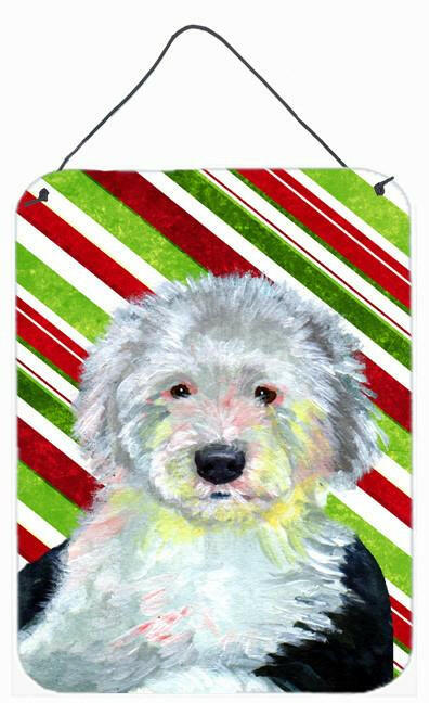 Old English Sheepdog Candy Cane Holiday Christmas Wall or Door Hanging Prints Aluminum Metal Sign Kitchen Wall Bar Bathroom Plaque Home Decor Front Door Plaque, 12x16, Multicolor