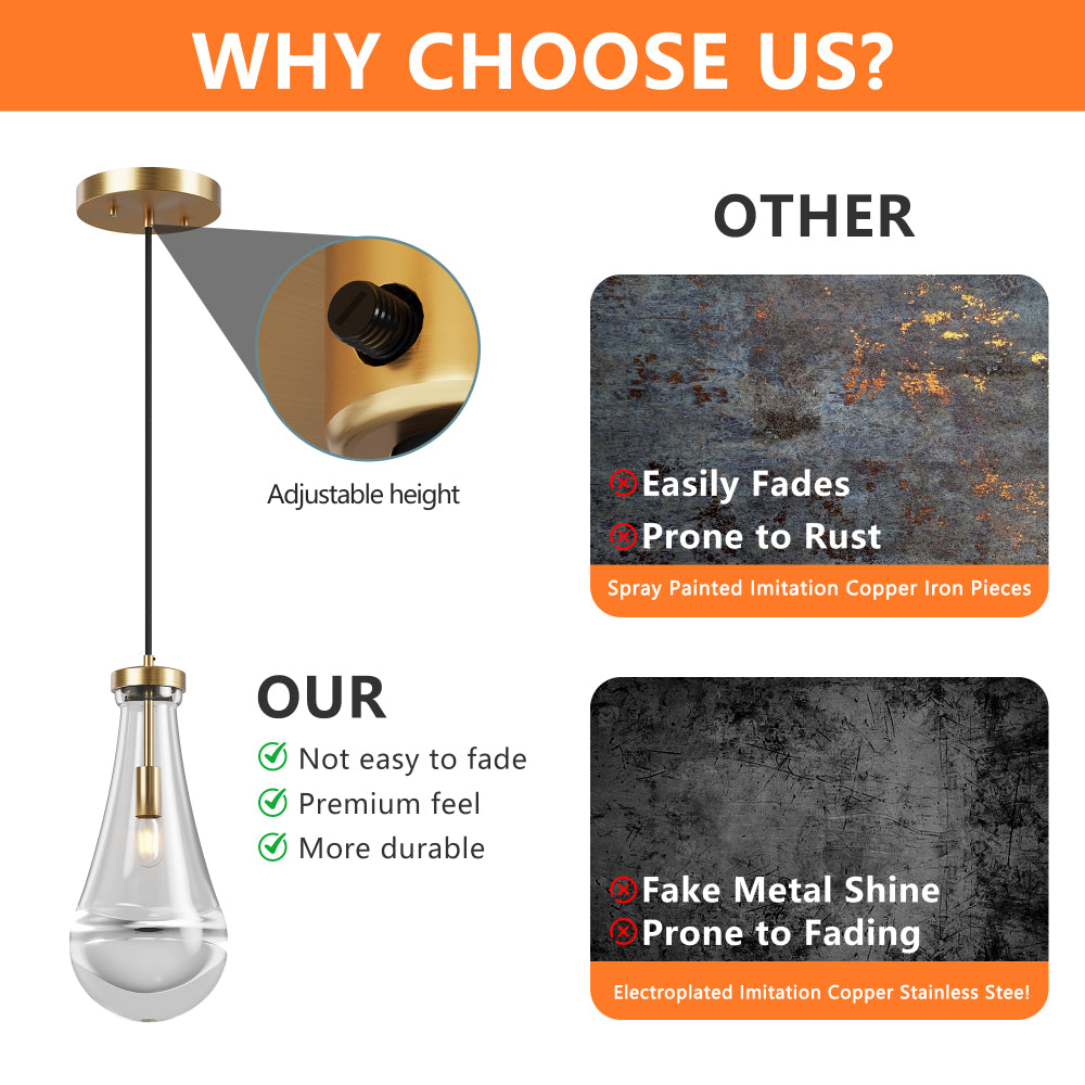Raindrop Pendant Light – Hand-Blown Clear Glass Shade & Brass/Black Rod | Kitchen Island, Dining Room & Entryway