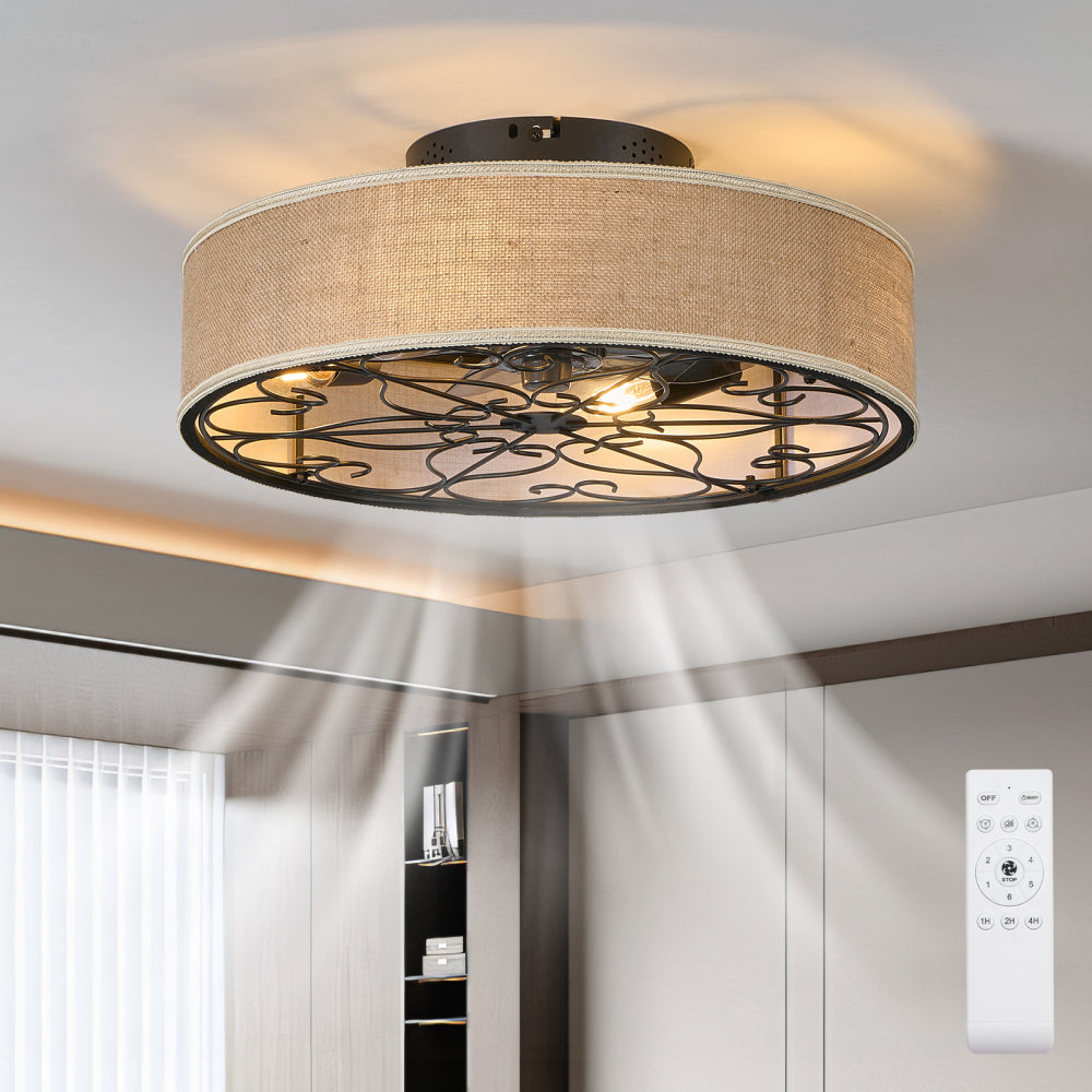20" Caged Ceiling Fan with LED Light & Remote – Linen Fabric Shade, 6 Speeds, Reversible DC Motor | Farmhouse Flush Mount
