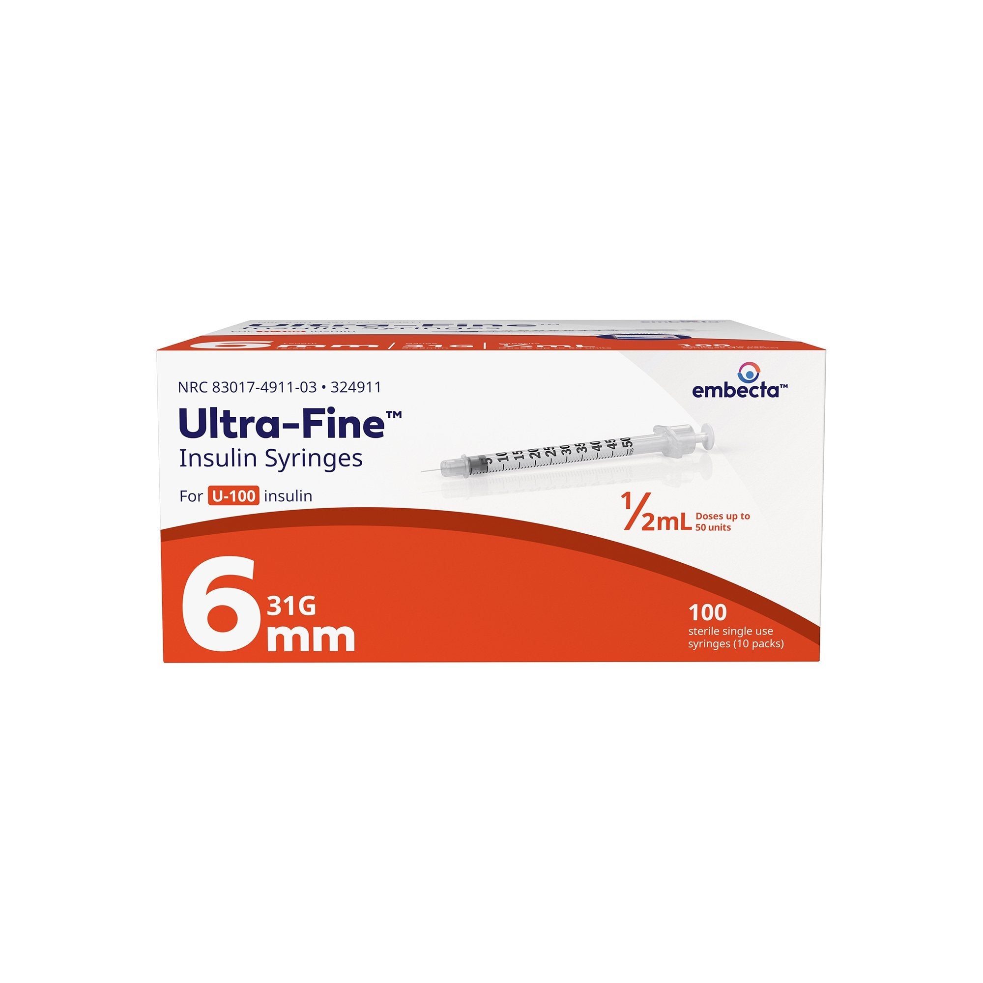 Standard Insulin Syringe with Needle Veo™ Ultra-Fine™ 0.5 mL 15/64 Inch 31 Gauge NonSafety Regular Wall 324911