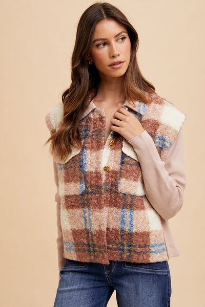 Women Brown Faux Fur Plaid Button-Up Jacket Soft Jacket For Girls Jacket With Closure