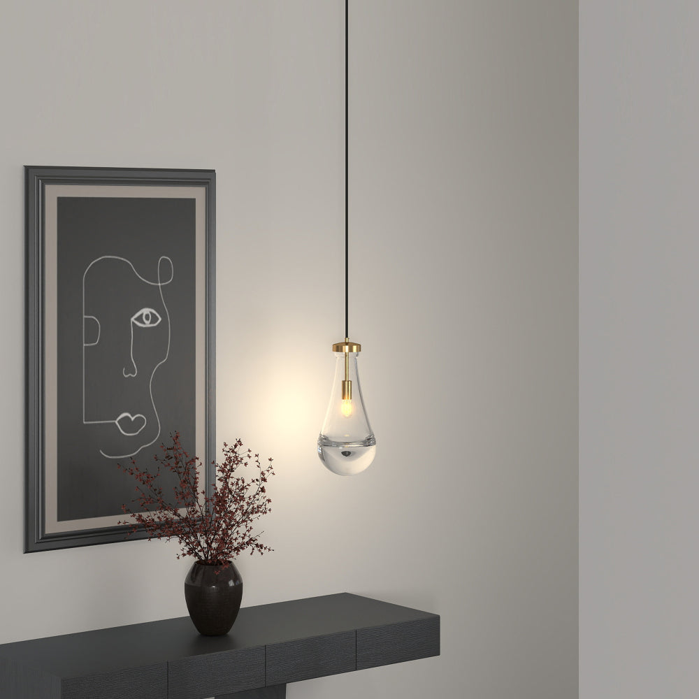 Raindrop Pendant Light – Hand-Blown Clear Glass Shade & Brass/Black Rod | Kitchen Island, Dining Room & Entryway