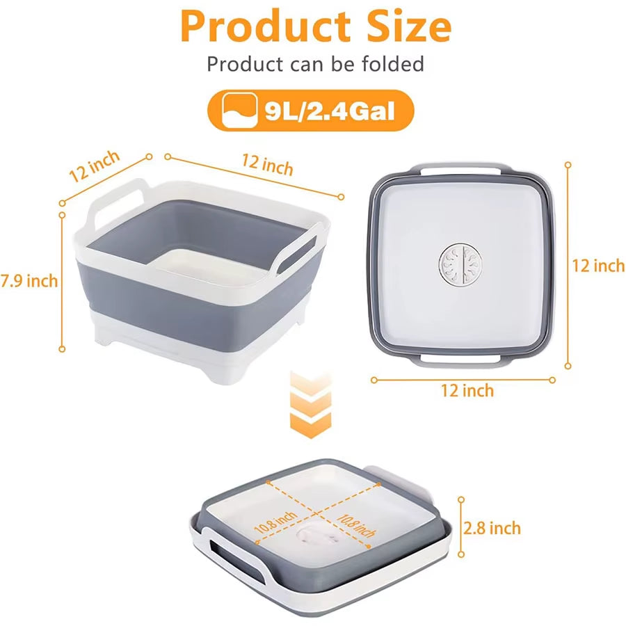 9 Liter Collapsible Plastic Vegetable Wash Basin with Drain Plug for Dish Storage, Vegetable and Fruit Washing, Chill Bucket