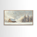 Snowy Barn In Winter Wonderland Tall Art Framed Canvas Print Tranquil Rustic Barn Covered In Snow With Pine Trees Winter Landscape