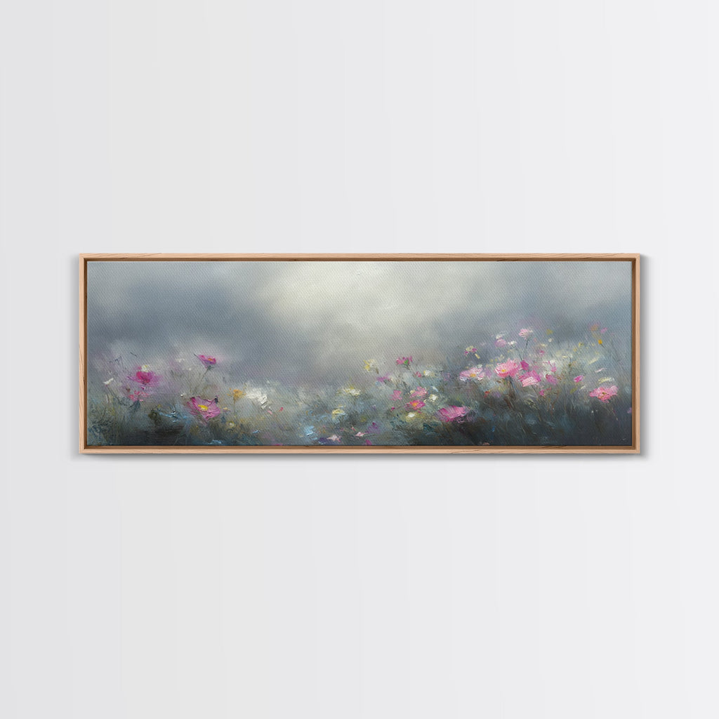 Moody Wild Flowers Under a Cloudy Sky, Panoramic Framed Canvas Print, Nature Decor, Boho Floral Wall Art, Flower Painting Gift For Her