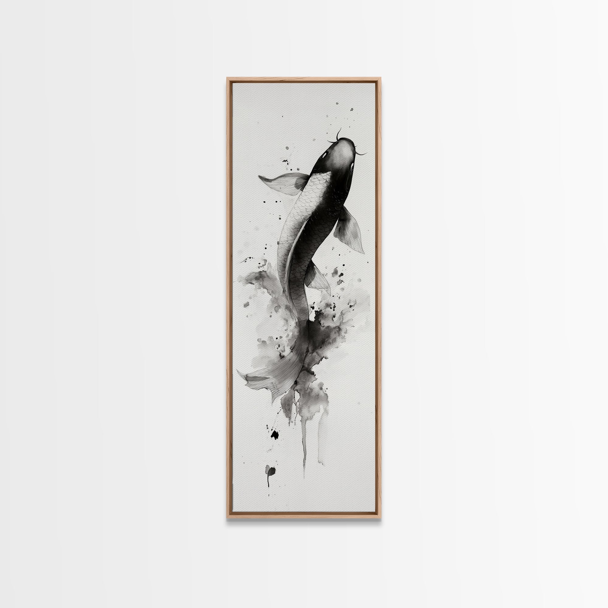 Tall Skinny Koi Fish Painting Print, Black and White Wabi Sabi Wall Art, Koi Fish Wall Decor, Japanese Style Elegant Artwork, Narrow Wall Art