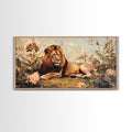 Regal Lion in Wildflowers Framed Canvas Print, Safari Wildlife Painting, African Rustic Wall Art, Boho Nature Decor, Animal Kingdom Art