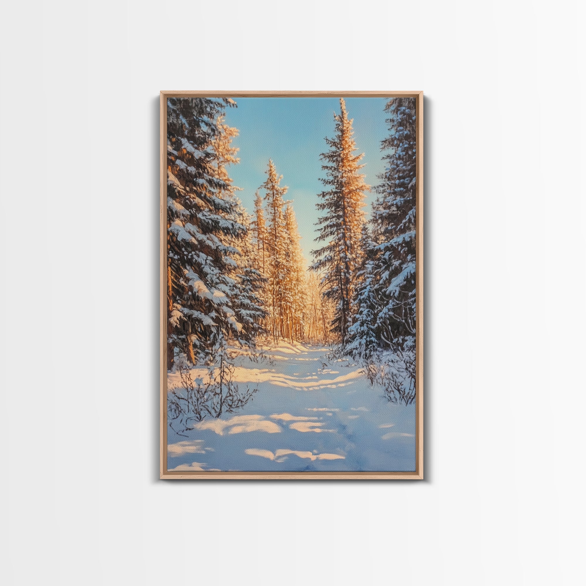 Winter Wonderland Framed Canvas Print, Snowy Forest Landscape Painting with Pine Tree Art, Cozy Rustic Wall Decor
