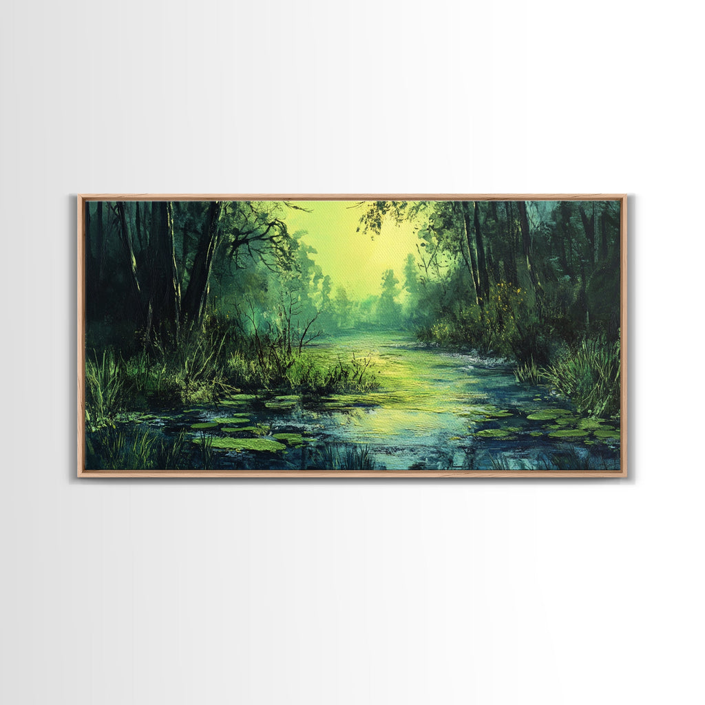 Forest Lagoon, green wall art, nature landscape painting, botanical prints, wabi sabi art, extra wide art, Framed Canvas Print