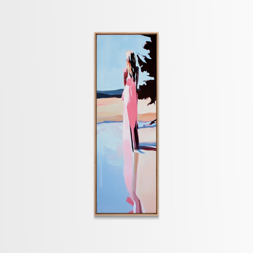 Tranquil Woman, Nature Reflection, Soft Pastels, Serene Landscape, Framed Canvas Print, Minimalist Art, Peaceful Home Decor
