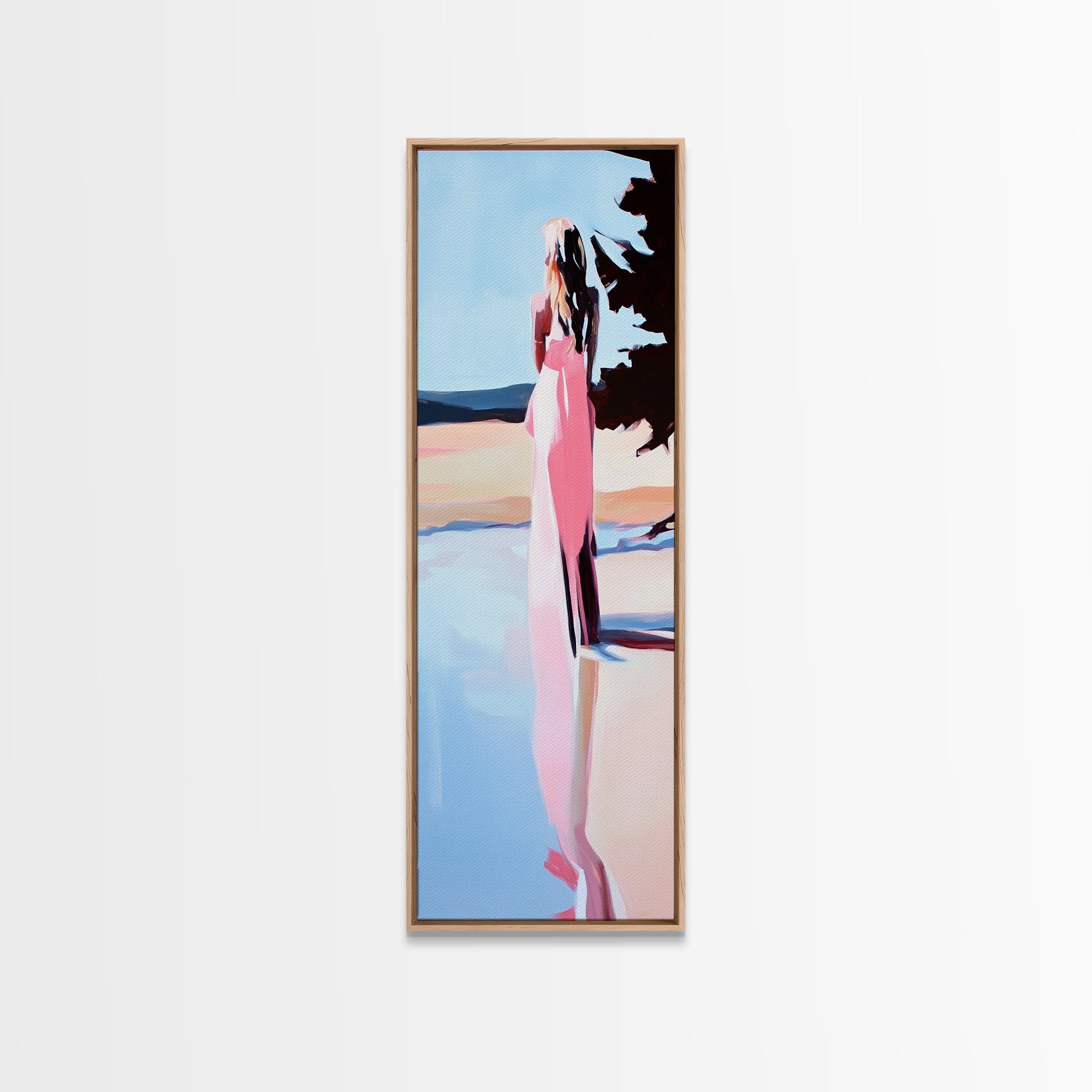 Tranquil Woman, Nature Reflection, Soft Pastels, Serene Landscape, Framed Canvas Print, Minimalist Art, Peaceful Home Decor