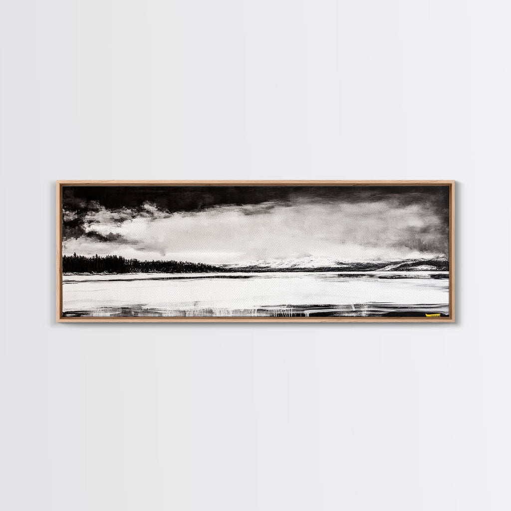 Snowy Lake Scene, Minimalist Landscape, Framed Canvas Print, Winter Wall Art, Serene Home Decor, Modern Office Art, Monochrome Nature Painting