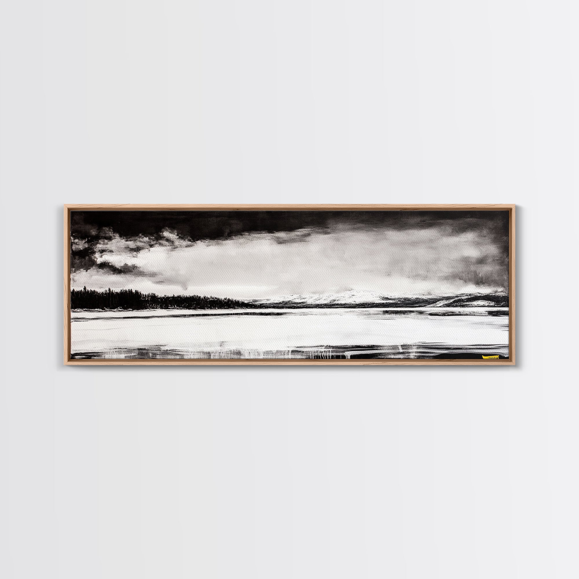 Snowy Lake Scene, Minimalist Landscape, Framed Canvas Print, Winter Wall Art, Serene Home Decor, Modern Office Art, Monochrome Nature Painting