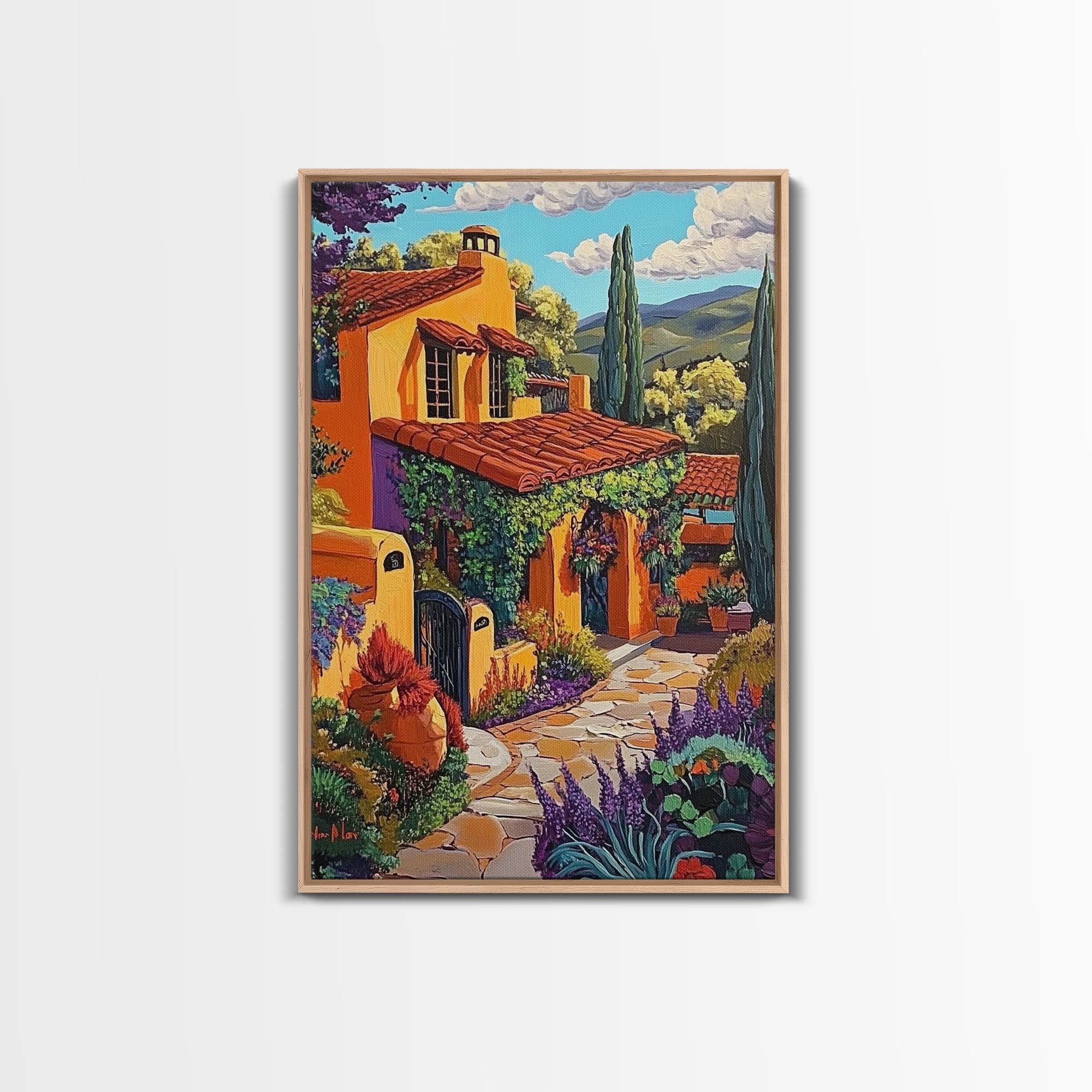 Spanish Villa, Rustic Path, Mediterranean Home Decor, Framed Canvas Print, Warm Color Art, Living Room Wall Art, Autumn Architecture Style