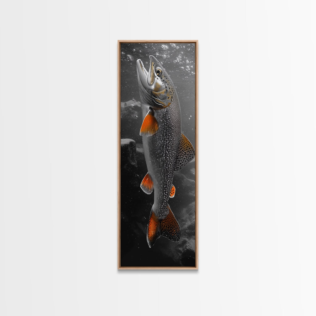 Trout Fishing Print, Underwater Scene, Orange Fins Fish, Rustic Wildlife, Framed Canvas Print, Cabin Decor, Man Cave Wall Art